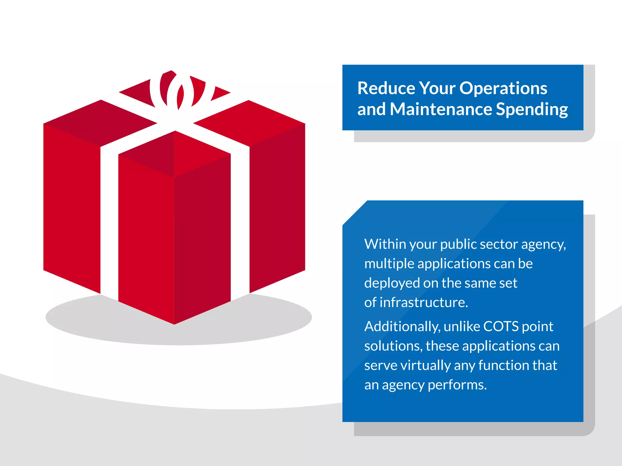 Within your public sector agency,
multiple applications can be
deployed on the same set
of infrastructure.
Additionally, unlike COTS point
solutions, these applications can
serve virtually any function that
an agency performs.
Reduce Your Operations
and Maintenance Spending
 