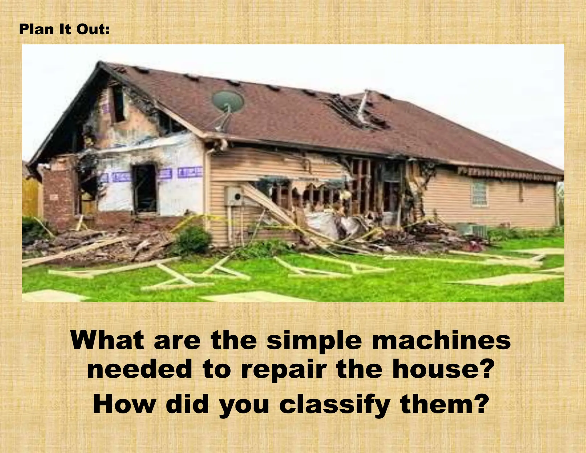 What are the simple machines
needed to repair the house?
How did you classify them?
Plan It Out:
 