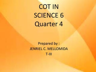 COT IN
SCIENCE 6
Quarter 4
Prepared by :
JENRIEL C. MELLOMIDA
T-III
 
