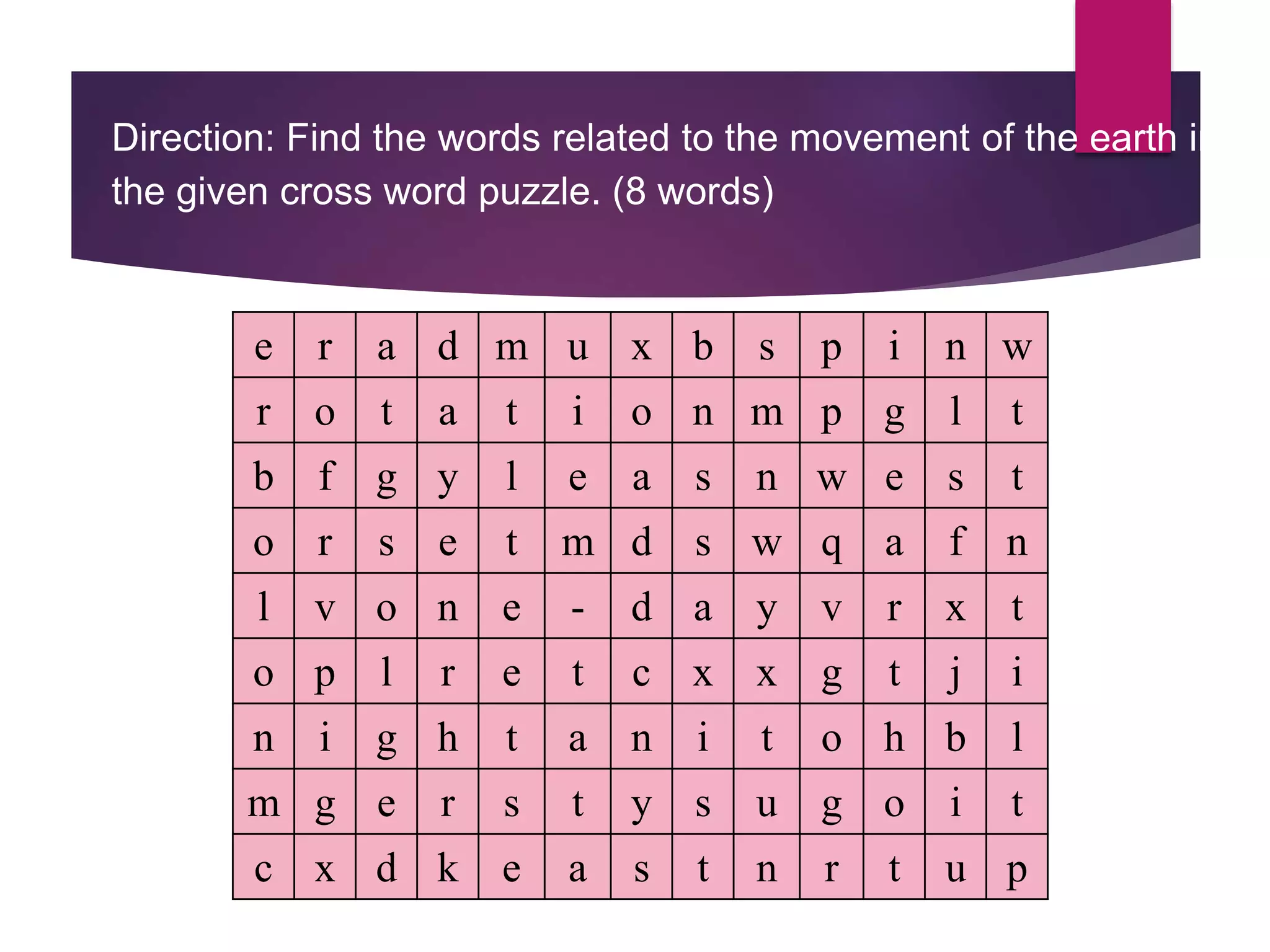 Direction: Find the words related to the movement of the earth in
the given cross word puzzle. (8 words)
e r a d m u x b s p i n w
r o t a t i o n m p g l t
b f g y l e a s n w e s t
o r s e t m d s w q a f n
l v o n e - d a y v r x t
o p l r e t c x x g t j i
n i g h t a n i t o h b l
m g e r s t y s u g o i t
c x d k e a s t n r t u p
 
