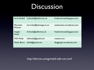 Discussion http://del.icio.us/tag/web2-talk-cot-conf Sarah Bodell [email_address] frederickroad.blogspot.com Merrolee Penman [email_address] oteducation.wordpress.com Angela Hook [email_address] frederickroad.blogspot.com Will Wade [email_address] metaot.com Natan Berry [email_address] bloggingot.wordpress.com 