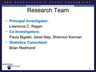Research TeamPrincipal Investigator:	Lawrence C. RaganCo-Investigators:	Paula Bigatel, Janet May, Shannon KennanStatistics Consultant:	Brian Redmond2