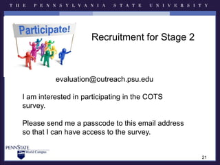 Factor AnalysisWay to statistically organize data (questions) into categories (competencies)Reduce number of questions to manageable amount ExploratoryProduced 7 reliable factors* Note that several factors have only 2 items7