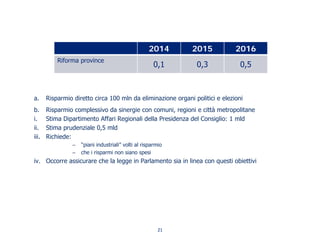 a. Risparmio diretto circa 100 mln da eliminazione organi politici e elezioni
b. Risparmio complessivo da sinergie con comuni, regioni e città metropolitane
i. Stima Dipartimento Affari Regionali della Presidenza del Consiglio: 1 mld
ii. Stima prudenziale 0,5 mld
iii. Richiede:
‒ “piani industriali” volti al risparmio
‒ che i risparmi non siano spesi
iv. Occorre assicurare che la legge in Parlamento sia in linea con questi obiettivi
2014 2015 2016
Riforma province
0,1 0,3 0,5
21
 