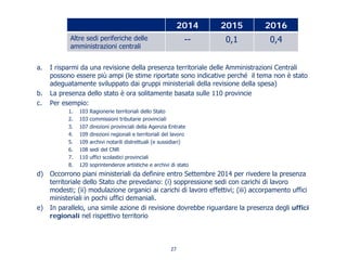 a. I risparmi da una revisione della presenza territoriale delle Amministrazioni Centrali
possono essere più ampi (le stime riportate sono indicative perché il tema non è stato
adeguatamente sviluppato dai gruppi ministeriali della revisione della spesa)
b. La presenza dello stato è ora solitamente basata sulle 110 provincie
c. Per esempio:
1. 103 Ragionerie territoriali dello Stato
2. 103 commissioni tributarie provinciali
3. 107 direzioni provinciali della Agenzia Entrate
4. 109 direzioni regionali e territoriali del lavoro
5. 109 archivi notarili distrettuali (e sussidiari)
6. 108 sedi del CNR
7. 110 uffici scolastici provinciali
8. 120 soprintendenze artistiche e archivi di stato
d) Occorrono piani ministeriali da definire entro Settembre 2014 per rivedere la presenza
territoriale dello Stato che prevedano: (i) soppressione sedi con carichi di lavoro
modesti; (ii) modulazione organici ai carichi di lavoro effettivi; (iii) accorpamento uffici
ministeriali in pochi uffici demaniali.
e) In parallelo, una simile azione di revisione dovrebbe riguardare la presenza degli uffici
regionali nel rispettivo territorio
27
2014 2015 2016
Altre sedi periferiche delle
amministrazioni centrali
-- 0,1 0,4
 