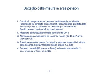 Dettaglio delle misure in area pensioni
53
i. Contributo temporaneo su pensioni relativamente più elevate
(esentando 85 percento dei pensionati) per anticipare gli effetti della
misura al punto ii). Risparmi da utilizzare per finanziare la
fiscalizzazione oneri sociali su nuovi assunti
ii. Maggiore deindicizzazione delle pensioni dal 2015
iii. Allineamento contribuzione tra uomini e donne (da 41 a 42 anni)
(richiesta UE)
iv. Revisione pensioni guerra (la maggior parte per superstiti di vittime
della seconda guerra mondiale; spesa attuale 1,5 mld)
v. Pensioni reversibilità (su nuovi flussi): riduzione percentuale di
conversione per fasce di reddito
 