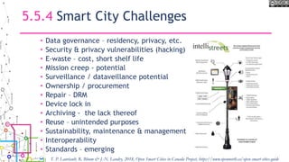 5.5.4 Smart City Challenges
• Data governance – residency, privacy, etc.
• Security & privacy vulnerabilities (hacking)
• E-waste – cost, short shelf life
• Mission creep - potential
• Surveillance / dataveillance potential
• Ownership / procurement
• Repair – DRM
• Device lock in
• Archiving - the lack thereof
• Reuse – unintended purposes
• Sustainability, maintenance & management
• Interoperability
• Standards – emerging
T. P. Lauriault, R. Bloom & J.-N. Landry, 2018, Open Smart Cities in Canada Project, https://www.opennorth.ca/open-smart-cities-guide
 