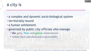 A city is
• a complex and dynamic socio-biological system
• territorially bound
• a human settlement
• governed by public city officials who manage
• the grey, blue and green environment
• within their jurisdictional responsibility
T. P. Lauriault, R. Bloom & J.-N. Landry, 2018, Open Smart Cities in Canada Project, https://www.opennorth.ca/open-smart-cities-guide
 