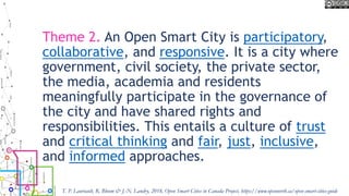 Theme 2. An Open Smart City is participatory,
collaborative, and responsive. It is a city where
government, civil society, the private sector,
the media, academia and residents
meaningfully participate in the governance of
the city and have shared rights and
responsibilities. This entails a culture of trust
and critical thinking and fair, just, inclusive,
and informed approaches.
T. P. Lauriault, R. Bloom & J.-N. Landry, 2018, Open Smart Cities in Canada Project, https://www.opennorth.ca/open-smart-cities-guide
 