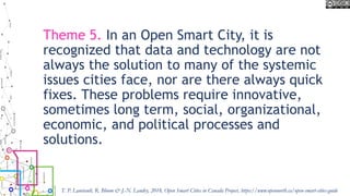 Theme 5. In an Open Smart City, it is
recognized that data and technology are not
always the solution to many of the systemic
issues cities face, nor are there always quick
fixes. These problems require innovative,
sometimes long term, social, organizational,
economic, and political processes and
solutions.
T. P. Lauriault, R. Bloom & J.-N. Landry, 2018, Open Smart Cities in Canada Project, https://www.opennorth.ca/open-smart-cities-guide
 