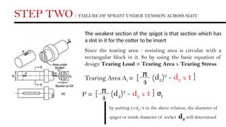 STEP TWO : FAILURE OF SPIGOT UNDER TENSION ACROSS SLOT
The weakest section of the spigot is that section which has
a slot in it for the cotter to be insert
Since the tearing area / resisting area is circular with a
rectangular block in it. So by using the basic equation of
design Tearing Load = Tearing Area x Tearing Stress
Tearing Area At =
π
4
(d2)2
- d2 x t
[
[
P = π
4
(d2)2
- d2 x t
[
[
σt
by putting t=d2/4 in the above relation, the diameter of
spigot or inside diameter of socket d2 will determined
 