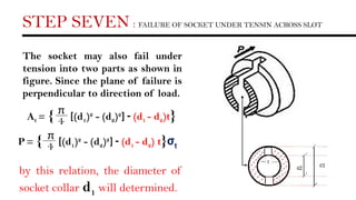STEP SEVEN : FAILURE OF SOCKET UNDER TENSIN ACROSS SLOT
The socket may also fail under
tension into two parts as shown in
figure. Since the plane of failure is
perpendicular to direction of load.
by this relation, the diameter of
socket collar d1 will determined.
At = { [(d1)2
- (d2)2
] - (d1 - d2)t}
π
4
P = { [(d1)2
- (d2)2
] - (d1 - d2) t}σt
π
4
 
