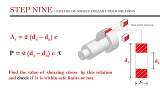 STEP NINE : FAILURE OF SOCKET COLLAR UNDER SHEARING
As = 2 (d4 – d2) c
Area under shearing
d2
d4
c
P = 2 (d4 – d2) c
Find the value of shearing stress by this relation
and check if it is within safe limits or not.
 