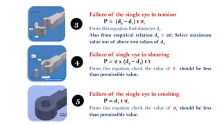Failure of single eye in shearing
P = 2 x (d2 – d1) t τ
From this equation check the value of τ should be less
than permissible value.
Failure of the single eye in crushing
P = d1 t σc
From this equation check the value of σc should be less
than permissible value.
5
4
Failure of the single eye in tension
P = (d2 – d1) t σt
From this equation find diameter d2.
Also from empirical relation d2 = 2d. Select maximum
value out of above two values of d2
3
 