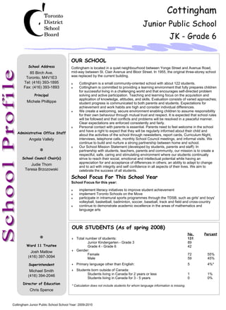 Cottingham is located in a quiet neighbourhood between Yonge Street and Avenue Road,
          85 Birch Ave.                mid-way between St. Clair Avenue and Bloor Street. In 1955, the original three-storey school
                                       was replaced by the current building.
        Toronto, M4V1E3
       Tel: (416) 393-1895             o    Cottingham is a small community-oriented school with about 122 students.
       Fax: (416) 393-1893             o    Cottingham is committed to providing a learning environment that fully prepares children
                                            for successful living in a challenging world and that encourages self-directed problem
                                            solving and active participation. Teaching and learning focus on the acquisition and
                                            application of knowledge, attitudes, and skills. Evaluation consists of varied approaches;
         Michele Phillippe                  student progress is communicated to both parents and students. Expectations for
                                            achievement and work habits are high and consider individual differences.
                                       o    We create a welcoming, secure environment enabling children to assume responsibility
                                            for their own behaviour through mutual trust and respect. It is expected that school rules
                                            will be followed and that conflicts and problems will be resolved in a peaceful manner.
                                            Clear expectations are enforced consistently and fairly.
                                       o    Personal contact with parents is essential. Parents need to feel welcome in the school
                                            and have a right to expect that they will be regularly informed about their child and
                                            about the activities of the school through newsletters, report cards, Curriculum Night,
           Angela Vallely                   interviews, telephone calls, monthly School Council meetings, and informal visits. We
                                            continue to build and nurture a strong partnership between home and school.
                                       o    Our School Mission Statement (developed by students, parents and staff): In
                                            partnership with students, teachers, parents and community, our mission is to create a
                                            respectful, safe, caring and stimulating environment where our students continually
                                            strive to reach their social, emotional and intellectual potential while having an
                                            appreciation for and acceptance of differences in others; an ability to adapt to change
           Judie Thom
                                            and to act with integrity and self confidence in all aspects of their lives. We aim to
        Teresa Brzozowski                   celebrate the success of all students.


                                       School Focus for this year:

                                       o    implement literacy initiatives to improve student achievement
                                       o    implement Toronto Schools on the Move
                                       o    participate in intramural sports programmes through the TDSB, such as girls' and boys'
                                            volleyball, basketball, badminton, soccer, baseball, track and field and cross-country
                                       o    continue to demonstrate academic excellence in the areas of mathematics and
                                            language arts




                                       o   Total number of students:                                                       131
                                                  Junior Kindergarten - Grade 3                                            89
                                                  Grade 4 - Grade 6                                                        42
            Josh Matlow                o   Gender:
                                                  Female                                                                   72    55%
          (416) 397-3094                          Male                                                                     59    45%
                                       o   Primary language other than English:                                            5     4%*
           Michael Smith               o   Students born outside of Canada:
                                                 Students living in Canada for 2 years or less                             1     1%
          (416) 394-2046
                                                 Students living in Canada for 3 - 5 years                                 0     0%

                                       * Calculation does not include students for whom language information is missing.
           Chris Spence


Cottingham Junior Public School School Year: 2009-2010
 