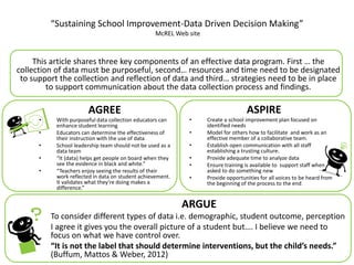 “Sustaining School Improvement-Data Driven Decision Making” 
McREL Web site 
This article shares three key components of an effective data program. First … the 
collection of data must be purposeful, second… resources and time need to be designated 
to support the collection and reflection of data and third… strategies need to be in place 
to support communication about the data collection process and findings. 
AGREE 
• With purposeful data collection educators can 
enhance student learning 
• Educators can determine the effectiveness of 
their instruction with the use of data 
• School leadership team should not be used as a 
data team 
• “It (data) helps get people on board when they 
see the evidence in black and white.” 
• “Teachers enjoy seeing the results of their 
work reflected in data on student achievement. 
It validates what they’re doing makes a 
difference.” 
ASPIRE 
• Create a school improvement plan focused on 
identified needs 
• Model for others how to facilitate and work as an 
effective member of a collaborative team. 
• Establish open communication with all staff 
establishing a trusting culture. 
• Provide adequate time to analyze data 
• Ensure training is available to support staff when 
asked to do something new 
• Provide opportunities for all voices to be heard from 
the beginning of the process to the end. 
ARGUE 
To consider different types of data i.e. demographic, student outcome, perception 
I agree it gives you the overall picture of a student but…. I believe we need to 
focus on what we have control over. 
“It is not the label that should determine interventions, but the child’s needs.” 
(Buffum, Mattos & Weber, 2012) 
 