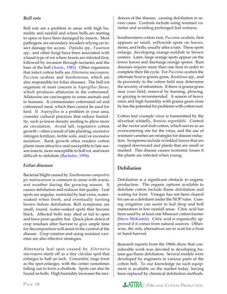 Boll rots                                              dences of the disease, causing defoliation in se-
                                                       vere cases. Controls include using resistant va-
Boll rots are a problem in areas with high hu-         rieties and avoiding prolonged leaf wetness.
midity and rainfall and where bolls are starting
to open or have been damaged by insects. Most          Southwestern cotton rust, Puccinia cacabata, first
pathogens are secondary invaders relying on in-        appears as small, yellowish spots on leaves,
sect damage for access. Diplodia spp., Fusarium        stems, and bolls, usually after a rain. These spots
spp., and other fungi have been associated with        enlarge, developing orange-reddish to brown
a basal type of rot where bracts are infected first,   centers. Later, large orange spots appear on the
followed by invasion through nectaries and the         lower leaves and discharge orange spores. Rust
base of the boll (Anon., 1981). Other organisms        diseases require more than one host in order to
that infect cotton bolls are Alternaria macrospora,    complete their life cycle. For Puccinia cacabata the
Puccinia cacabata, and Xanthomonas, which are          alternate host is grama grass, Bouteloua spp., and
also responsible for foliar diseases. The boll-rot     its proximity to the cotton field may determine
organism of most concern is Aspergillus flavus,        the severity of infestation. If there is grama grass
which produces aflatoxins in the cottonseed.           near your field, removal by burning, plowing,
Aflatoxins are carcinogens to some animals and         or grazing is recommended. A season of heavy
to humans. It contaminates cottonseed oil and          rains and high humidity with grama grass close
cottonseed meal, which then cannot be used for         by has the potential for problems with cotton rust.
feed. If Aspergillus is a problem in your area,
consider cultural practices that reduce humid-         Cotton leaf crumple virus is transmitted by the
ity, such as lower density seeding to allow more       silverleaf whitefly, Bemisia argentifolii. Control
air circulation. Avoid tall, vegetative cotton         of the vector and stub cotton, which serves as an
growth—often a result of late planting, excessive      overwintering site for the virus, and the use of
nitrogen fertilizer, fertile soils, and/or excessive   resistant varieties are strategies for disease reduc-
moisture. Rank growth often renders cotton             tion. Symptoms include wrinkled leaves that are
plants more attractive and susceptible to late sea-    cupped downward and plants that are small or
son insects, more susceptible to boll rot, and more    stunted. This disease causes economic losses if
difficult to defoliate (Bacheler, 1994).               the plants are infected when young.

Foliar diseases
                                                       Defoliation
Bacterial blight caused by Xanthomonas campestris
pv malvacearum is common in areas with warm,           Defoliation is a significant obstacle to organic
wet weather during the growing season. It              production. The organic options available to
causes defoliation and reduces lint quality. Leaf      defoliate cotton include flame defoliation and
spots are angular, restricted by leaf veins, water-    waiting for frost. Vinegar has not been cleared
soaked when fresh, and eventually turning              for use as a defoliant under the NOP rules. Ceas-
brown before defoliation. Boll symptoms are            ing irrigation can assist in leaf drop and boll
small, round, water-soaked spots that become           maturation in low rainfall areas. Citric acid has
black. Affected bolls may shed or fail to open         been used by at least one Missouri cotton farmer
and have poor-quality lint. Quick plow down of         (Steve McKaskle). Citric acid is organically ap-
crop residues after harvest to give ample time         proved if it comes from natural sources. Other-
for decomposition will assist in the control of the    wise, the only alternatives are to wait for a frost
disease. Crop rotation and using resistant vari-       or hand harvest.
eties are also effective strategies.
                                                       Research reports from the 1960s show that con-
Alternaria leaf spot caused by Alternaria              siderable work was devoted to developing bu-
macrospora starts off as a tiny circular spot that     tane-gas flame defoliators. Several models were
enlarges to half an inch. Concentric rings form        developed by engineers in various parts of the
as the spot enlarges, with the center sometimes        cotton belt. To our knowledge no such equip-
falling out to form a shothole. Spots can also be      ment is available on the market today, having
found on bolls. High humidity increases the inci-      been replaced by chemical defoliation methods.

PAGE 18                                                               //ORGANIC COTTON PRODUCTION
 