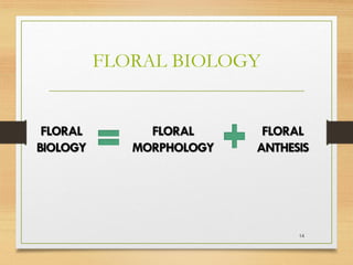 FLORAL BIOLOGY
14
FLORAL
BIOLOGY
FLORAL
MORPHOLOGY
FLORAL
ANTHESIS
 