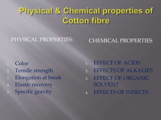 PHYSICAL PROPERTIES: CHEMICAL PROPERTIES
1. Color
2. Tensile strength
3. Elongation at break
4. Elastic recovery
5. Specific gravity
1. EFFECT OF ACIDS
2. EFFECTS OF ALKALIES
3. EFFECT OF ORGANIC
SOLVENT
4. EFFECTS OF INSECTS
 