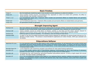 Resin Finishes
Tristar-F             Non-formaldehyde crosslinking agent. Gives excellent wrinkle resistence on cotton & its blends.
Tristar-GH            Gives excellent wrinkle recovery. Formaldehyde free. Applicable on cotton & its blend with synthetics. No effect on
                      tensile strength, tear strength, whiteness index.
Tristar-L-112         Low formaldehyde based resin. Treatment offers durable and permanent effects on treated fabrics and garments.
                      Passes Japan Law-112
Tristar-ULF           Low formaldehyde based resin. Treatment offers durable and permanent effects on treated fabrics and garments.
Tristar PCS           For permanent wrinkle on garments.


                                                   Strength Improving Agent
Profinish-HD          Non-ionic softener and sewability improver for textile goods of all types of fibres. Improves the abrasion resistance &
                      strength of resin finished goods. Eases needle penetration considerably when needling non-wovens and felts.
Profinish-JNF         Cationic sewability improver for textile fabrics of cellulosic, synthetic or wool fibres and their blends. Specially designed for
                      application by the exhaust method in short liquor jets. Improves the sewability of textile fabrics, especially knitwear
Profinish-OE          Softening agent to improve sewability. For cellulosics, wool and blends of these fibres.
Profinish-SEW         Is ready to use fully formulated polysiloxane based product designed for application as sewing thread lubricant by P.A.
                      Winding or Godet method. This product is recommended for applications on Cotton threads, 100% spun polyester and
                      the blends.


                                                      Polyurethane Softener
Allenfinish PU conc   Is a new generation textile finishing agent based on ether modified polyurethane. Its self dispersible nano-emulsion exhibits good
                      compatibility with amino silicone emulsion and other nonionic and cationic finishing agents. It imparts a full soft and smooth feel
                      along with excellent drape, resilience and body to treated fabrics. It also imparts durable water absorbency and wicking resulting
                      in improved wearer comfort.
Permafin Nano PU      A nano-dispersion self-crosslinking polyether polyurethane for high-grade finishing applications.
Permafin-CO           It is a water soluble reactive type of Polyurethane elastomer recommended for use in the finishing of cellulosics,
                      polyester and their blends, to impart a soft springy finish to both woven & knitted fabrics.
Permafin-UR           Formaldehyde free, self-crosslinking, permanent polyether polyurethane polymer. It forms a highly elastic film around
                      the fibres. The basic handle is soft &high bulk.
Permafin-ZF           It is a non-formaldehyde Urethane finish based on non-yellowing thermo reactive urethane pre-polymer with built-in
                      catalyst. It is designed to impart a naturally soft peaches hand, high impact resilience, down proof finish coupled with
                      durable hydrophilicity.


                                                                                                                                                            14
 