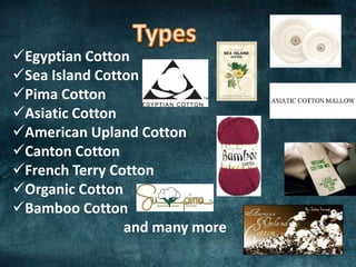 Egyptian Cotton
Sea Island Cotton
Pima Cotton
Asiatic Cotton
American Upland Cotton
Canton Cotton
French Terry Cotton
Organic Cotton
Bamboo Cotton
and many more
 