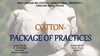 COTTON-
PACKAGE OF PRACTICES
RANI LAKSHMI BAI CENTRAL AGRICULTURAL UNIVERSITY,
GWALIOR ROAD, JHANSI
SUBMITTED TO:
Dr. Artika Singh
Kushwaha,
Scientist Agronomy
SUBMITTED BY:
Shalini Shukla
Ag/063/17
 