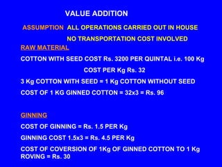 VALUE ADDITION RAW MATERIAL   COTTON WITH SEED COST Rs. 3200 PER QUINTAL i.e. 100 Kg   COST PER Kg Rs. 32  3 Kg COTTON WITH SEED = 1 Kg COTTON WITHOUT SEED COST OF 1 KG GINNED COTTON = 32x3 = Rs. 96 GINNING COST OF GINNING = Rs. 1.5 PER Kg GINNING COST 1.5x3 = Rs. 4.5 PER Kg COST OF COVERSION OF 1Kg OF GINNED COTTON TO 1 Kg ROVING = Rs. 30 ASSUMPTION   ALL OPERATIONS CARRIED OUT IN HOUSE NO TRANSPORTATION COST INVOLVED 