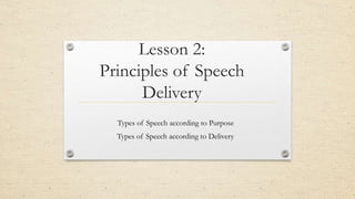 Lesson 2:
Principles of Speech
Delivery
Types of Speech according to Purpose
Types of Speech according to Delivery
 
