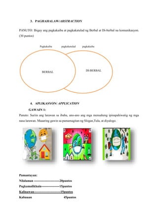 3. PAGHAHALAW/ABSTRACTION
PANUTO: Ibigay ang pagkakaiba at pagkakatulad ng Berbal at Di-berbal na komunikasyon.
(30 puntos)
Pagkakaiba pagkakatulad pagkakaiba
4. APLIKASYON/ APPLICATION
GAWAIN 1:
Panuto: Suriin ang larawan sa ibaba, ano-ano ang mga mensaheng ipinapahiwatig ng mga
nasa larawan. Maaaring gawin sa pamamagitan ng Slogan,Tula, at diyalogo.
Pamantayan:
Nilalaman ------------------------20puntos
Pagkamalikhain-----------------15puntos
Kalinawan-------------------------15puntos
Kabuuan 45puntos
DI-BERBAL
BERBAL
 