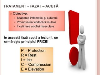 TRATAMENT - FAZA I – ACUTĂ
 Obiective:
 Scăderea inflamației și a durerii
 Promovarea vindecării tisulare
 Încetinirea atrofiei musculare
În această fază acută a leziunii, se
urmărește principiul PRICE!
P = Protection
R = Rest
I = Ice
C = Compression
E = Elevation
 