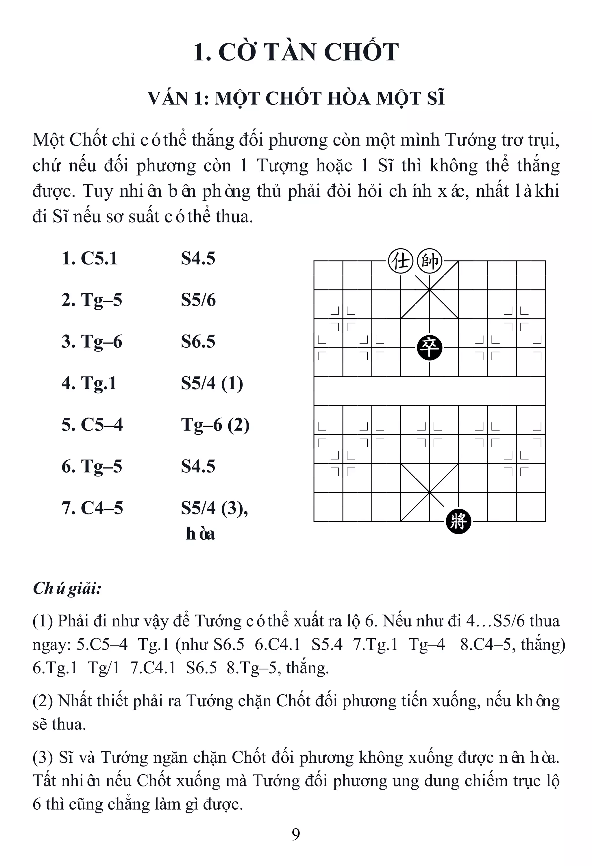 9
1. CỜ TÀN CHỐT
VÁN 1: MỘT CHỐT HÒA MỘT SĨ
Một Chốt chỉ cóthể thắng đối phương còn một mình Tướng trơ trụi,
chứ nếu đối phương còn 1 Tượng hoặc 1 Sĩ thì không thể thắng
được. Tuy nhiên bên phòng thủ phải đòi hỏi chính xác, nhất làkhi
đi Sĩ nếu sơ suất cóthể thua.
1. C5.1 S4.5 788ak889
4555,5556
4%5[5]5%6
$5%5P5%5^
422222226
488888886
$5%5%5%5^
4%5;5'5%6
4555,5556
122.2K223
2. Tg–5 S5/6
3. Tg–6 S6.5
4. Tg.1 S5/4 (1)
5. C5–4 Tg–6 (2)
6. Tg–5 S4.5
7. C4–5 S5/4 (3),
hòa
Chúgiải:
(1) Phải đi như vậy để Tướng cóthể xuất ra lộ 6. Nếu như đi 4…S5/6 thua
ngay: 5.C5–4 Tg.1 (như S6.5 6.C4.1 S5.4 7.Tg.1 Tg–4 8.C4–5, thắng)
6.Tg.1 Tg/1 7.C4.1 S6.5 8.Tg–5, thắng.
(2) Nhất thiết phải ra Tướng chặn Chốt đối phương tiến xuống, nếu không
sẽ thua.
(3) Sĩ và Tướng ngăn chặn Chốt đối phương không xuống được nên hòa.
Tất nhiên nếu Chốt xuống mà Tướng đối phương ung dung chiếm trục lộ
6 thì cũng chẳng làm gì được.
 
