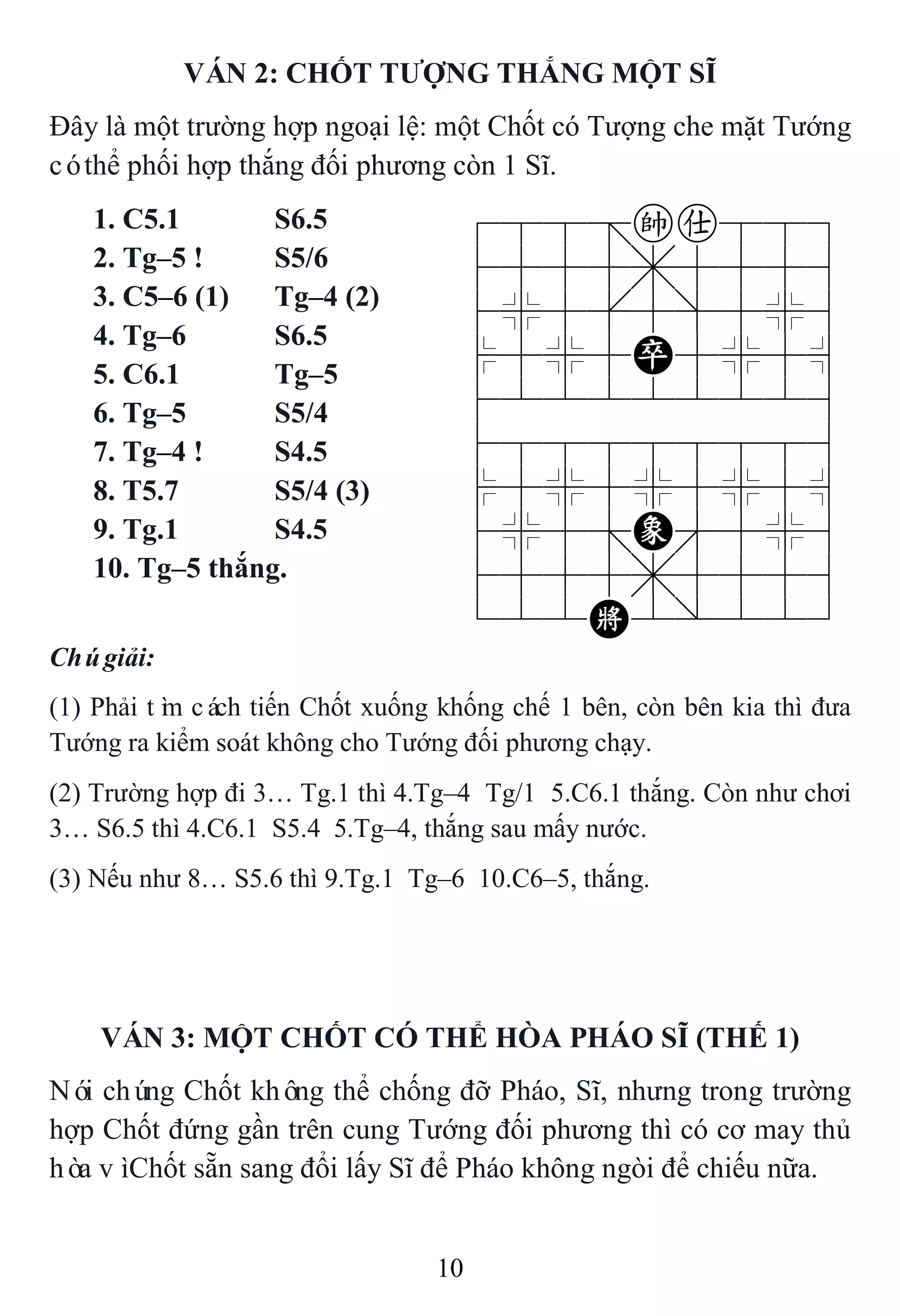 10
VÁN 2: CHỐT TƢỢNG THẮNG MỘT SĨ
Đây là một trường hợp ngoại lệ: một Chốt có Tượng che mặt Tướng
cóthể phối hợp thắng đối phương còn 1 Sĩ.
1. C5.1 S6.5 788=ka889
4555,5556
4%5[5]5%6
$5%5P5%5^
422222226
488888886
$5%5%5%5^
4%5;E'5%6
4555,5556
122K2/223
2. Tg–5 ! S5/6
3. C5–6 (1) Tg–4 (2)
4. Tg–6 S6.5
5. C6.1 Tg–5
6. Tg–5 S5/4
7. Tg–4 ! S4.5
8. T5.7 S5/4 (3)
9. Tg.1 S4.5
10. Tg–5 thắng.
Chúgiải:
(1) Phải tìm cách tiến Chốt xuống khống chế 1 bên, còn bên kia thì đưa
Tướng ra kiểm soát không cho Tướng đối phương chạy.
(2) Trường hợp đi 3… Tg.1 thì 4.Tg–4 Tg/1 5.C6.1 thắng. Còn như chơi
3… S6.5 thì 4.C6.1 S5.4 5.Tg–4, thắng sau mấy nước.
(3) Nếu như 8… S5.6 thì 9.Tg.1 Tg–6 10.C6–5, thắng.
VÁN 3: MỘT CHỐT CÓ THỂ HÒA PHÁO SĨ (THẾ 1)
Nói chúng Chốt không thể chống đỡ Pháo, Sĩ, nhưng trong trường
hợp Chốt đứng gần trên cung Tướng đối phương thì có cơ may thủ
hòa vìChốt sẵn sang đổi lấy Sĩ để Pháo không ngòi để chiếu nữa.
 