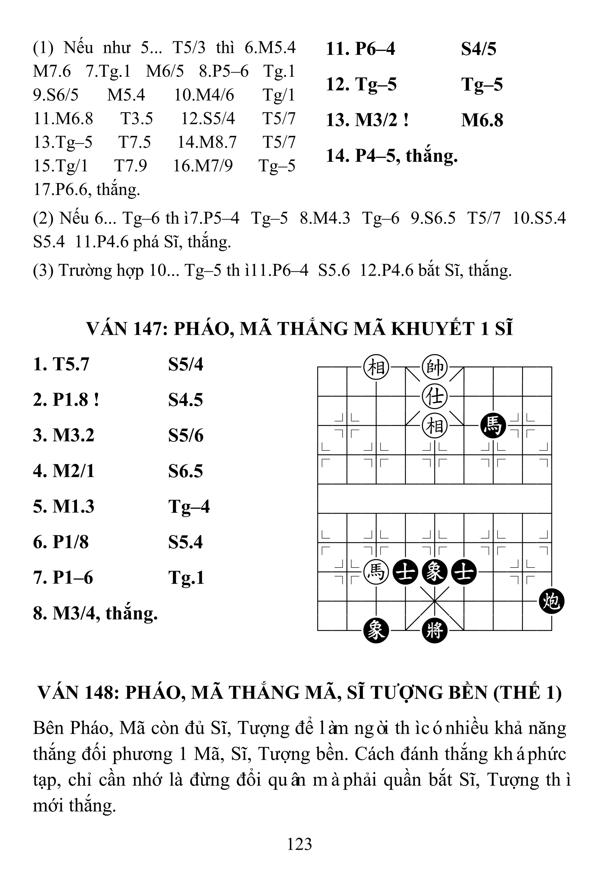 123
(1) Nếu như 5... T5/3 thì 6.M5.4
M7.6 7.Tg.1 M6/5 8.P5–6 Tg.1
9.S6/5 M5.4 10.M4/6 Tg/1
11.M6.8 T3.5 12.S5/4 T5/7
13.Tg–5 T7.5 14.M8.7 T5/7
15.Tg/1 T7.9 16.M7/9 Tg–5
17.P6.6, thắng.
11. P6–4 S4/5
12. Tg–5 Tg–5
13. M3/2 ! M6.8
14. P4–5, thắng.
(2) Nếu 6... Tg–6 thì7.P5–4 Tg–5 8.M4.3 Tg–6 9.S6.5 T5/7 10.S5.4
S5.4 11.P4.6 phá Sĩ, thắng.
(3) Trường hợp 10... Tg–5 thì11.P6–4 S5.6 12.P4.6 bắt Sĩ, thắng.
VÁN 147: PHÁO, MÃ THẮNG MÃ KHUYẾT 1 SĨ
1. T5.7 S5/4 78e=k889
4555a5556
4%5[e]H%6
$5%5%5%5^
422222226
488888886
$5%5%5%5^
4%hAEA5%6
4555,555C
12E.K/223
2. P1.8 ! S4.5
3. M3.2 S5/6
4. M2/1 S6.5
5. M1.3 Tg–4
6. P1/8 S5.4
7. P1–6 Tg.1
8. M3/4, thắng.
VÁN 148: PHÁO, MÃ THẮNG MÃ, SĨ TƢỢNG BỀN (THẾ 1)
Bên Pháo, Mã còn đủ Sĩ, Tượng để làm ngòi thìcónhiều khả năng
thắng đối phương 1 Mã, Sĩ, Tượng bền. Cách đánh thắng kháphức
tạp, chỉ cần nhớ là đừng đổi quân màphải quần bắt Sĩ, Tượng thì
mới thắng.
 
