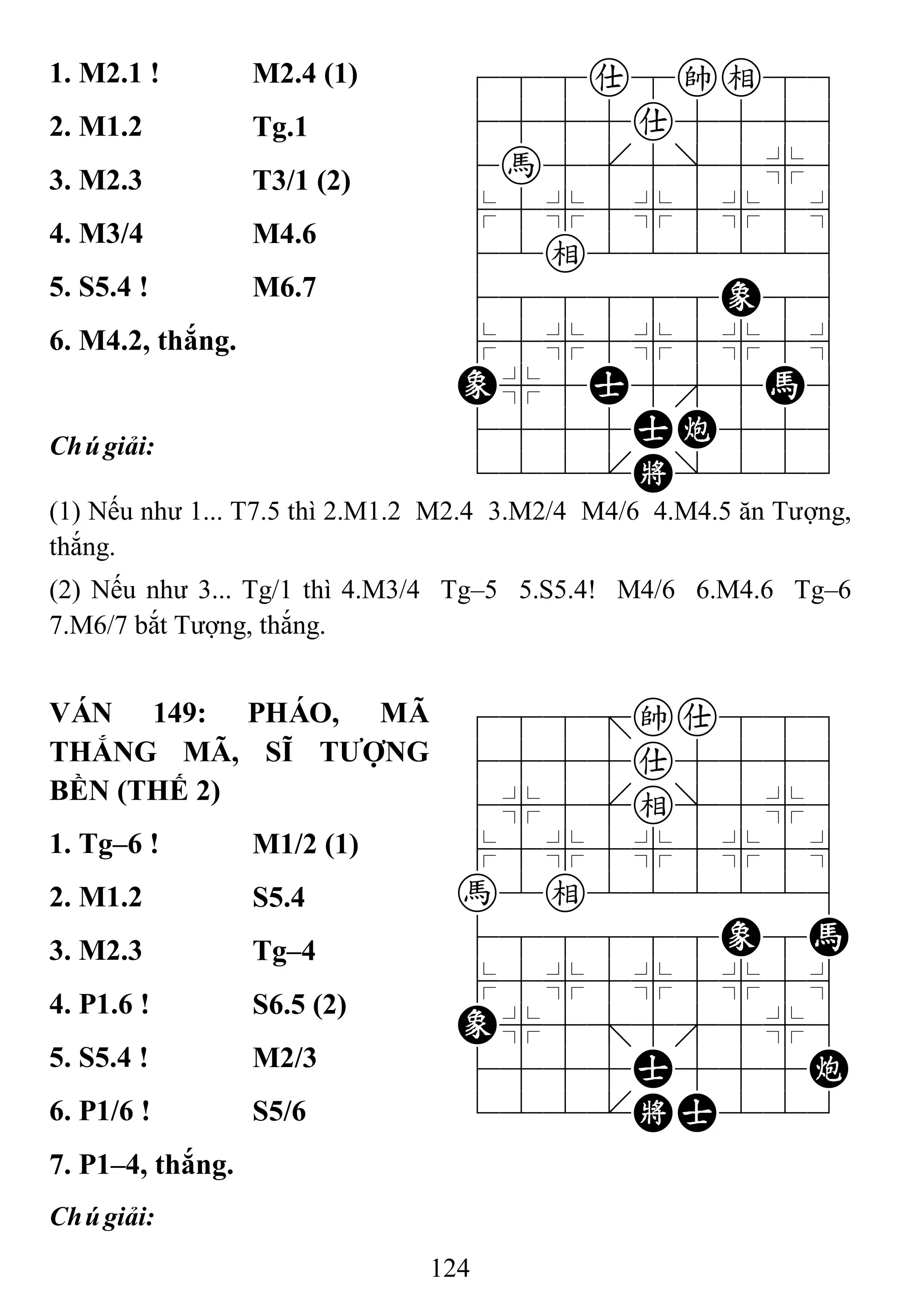 124
1. M2.1 ! M2.4 (1) 788a8ke89
4555a5556
4h5[5]5%6
$5%5%5%5^
42e222226
488888E86
$5%5%5%5^
E%5A5'5H6
4555AC556
122.K/223
2. M1.2 Tg.1
3. M2.3 T3/1 (2)
4. M3/4 M4.6
5. S5.4 ! M6.7
6. M4.2, thắng.
Chúgiải:
(1) Nếu như 1... T7.5 thì 2.M1.2 M2.4 3.M2/4 M4/6 4.M4.5 ăn Tượng,
thắng.
(2) Nếu như 3... Tg/1 thì 4.M3/4 Tg–5 5.S5.4! M4/6 6.M4.6 Tg–6
7.M6/7 bắt Tượng, thắng.
VÁN 149: PHÁO, MÃ
THẮNG MÃ, SĨ TƢỢNG
BỀN (THẾ 2)
788=ka889
4555a5556
4%5[e]5%6
$5%5%5%5^
h2e222226
488888E8H
$5%5%5%5^
E%5;5'5%6
4555A555C
122.KA223
1. Tg–6 ! M1/2 (1)
2. M1.2 S5.4
3. M2.3 Tg–4
4. P1.6 ! S6.5 (2)
5. S5.4 ! M2/3
6. P1/6 ! S5/6
7. P1–4, thắng.
Chúgiải:
 