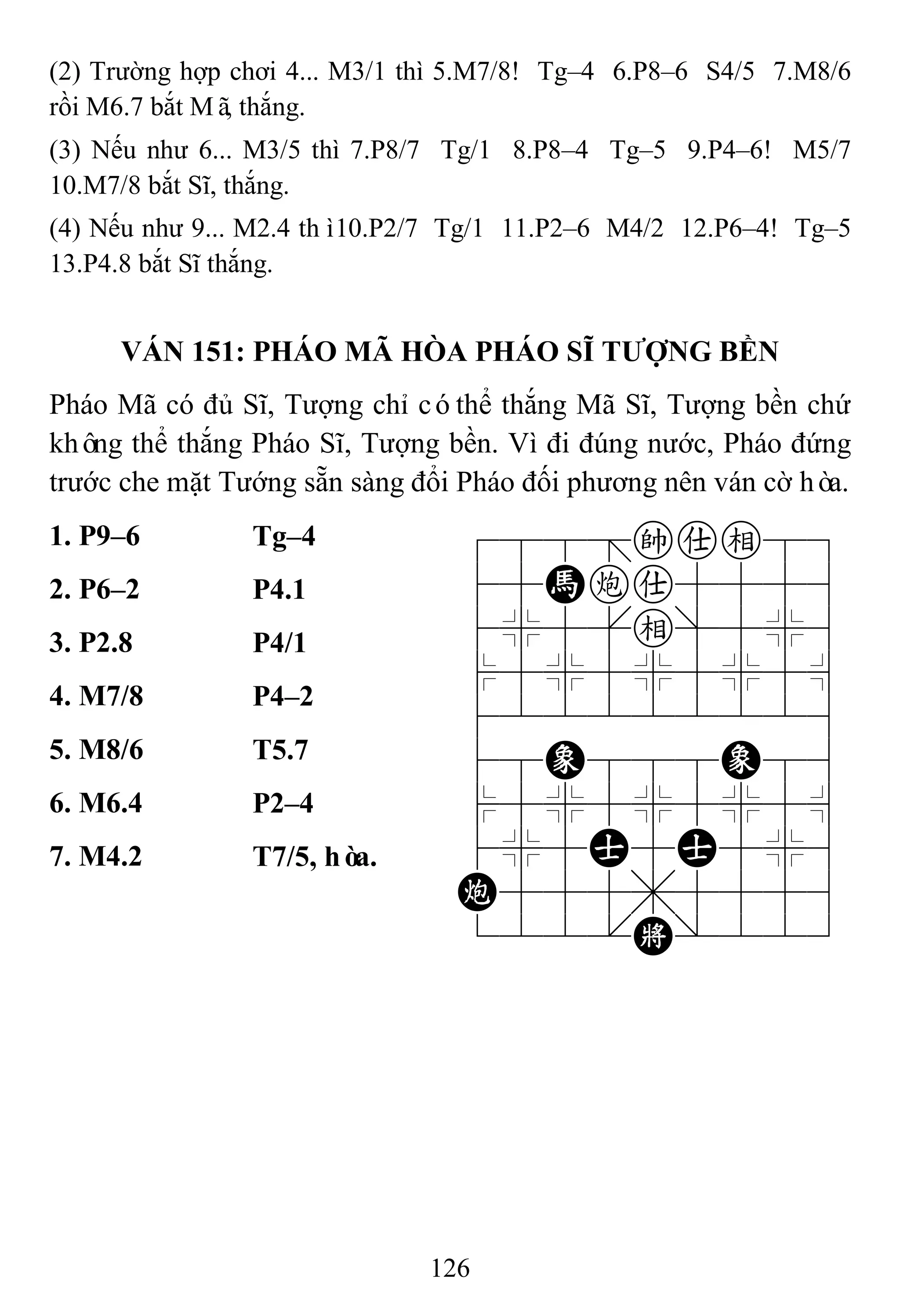 126
(2) Trường hợp chơi 4... M3/1 thì 5.M7/8! Tg–4 6.P8–6 S4/5 7.M8/6
rồi M6.7 bắt Mã, thắng.
(3) Nếu như 6... M3/5 thì 7.P8/7 Tg/1 8.P8–4 Tg–5 9.P4–6! M5/7
10.M7/8 bắt Sĩ, thắng.
(4) Nếu như 9... M2.4 thì10.P2/7 Tg/1 11.P2–6 M4/2 12.P6–4! Tg–5
13.P4.8 bắt Sĩ thắng.
VÁN 151: PHÁO MÃ HÒA PHÁO SĨ TƢỢNG BỀN
Pháo Mã có đủ Sĩ, Tượng chỉ cóthể thắng Mã Sĩ, Tượng bền chứ
không thể thắng Pháo Sĩ, Tượng bền. Vì đi đúng nước, Pháo đứng
trước che mặt Tướng sẵn sàng đổi Pháo đối phương nên ván cờ hòa.
1. P9–6 Tg–4 788=kae89
45Hca5556
4%5[e]5%6
$5%5%5%5^
422222226
48E888E86
$5%5%5%5^
4%5A5A5%6
C555,5556
122.K/223
2. P6–2 P4.1
3. P2.8 P4/1
4. M7/8 P4–2
5. M8/6 T5.7
6. M6.4 P2–4
7. M4.2 T7/5, hòa.
 