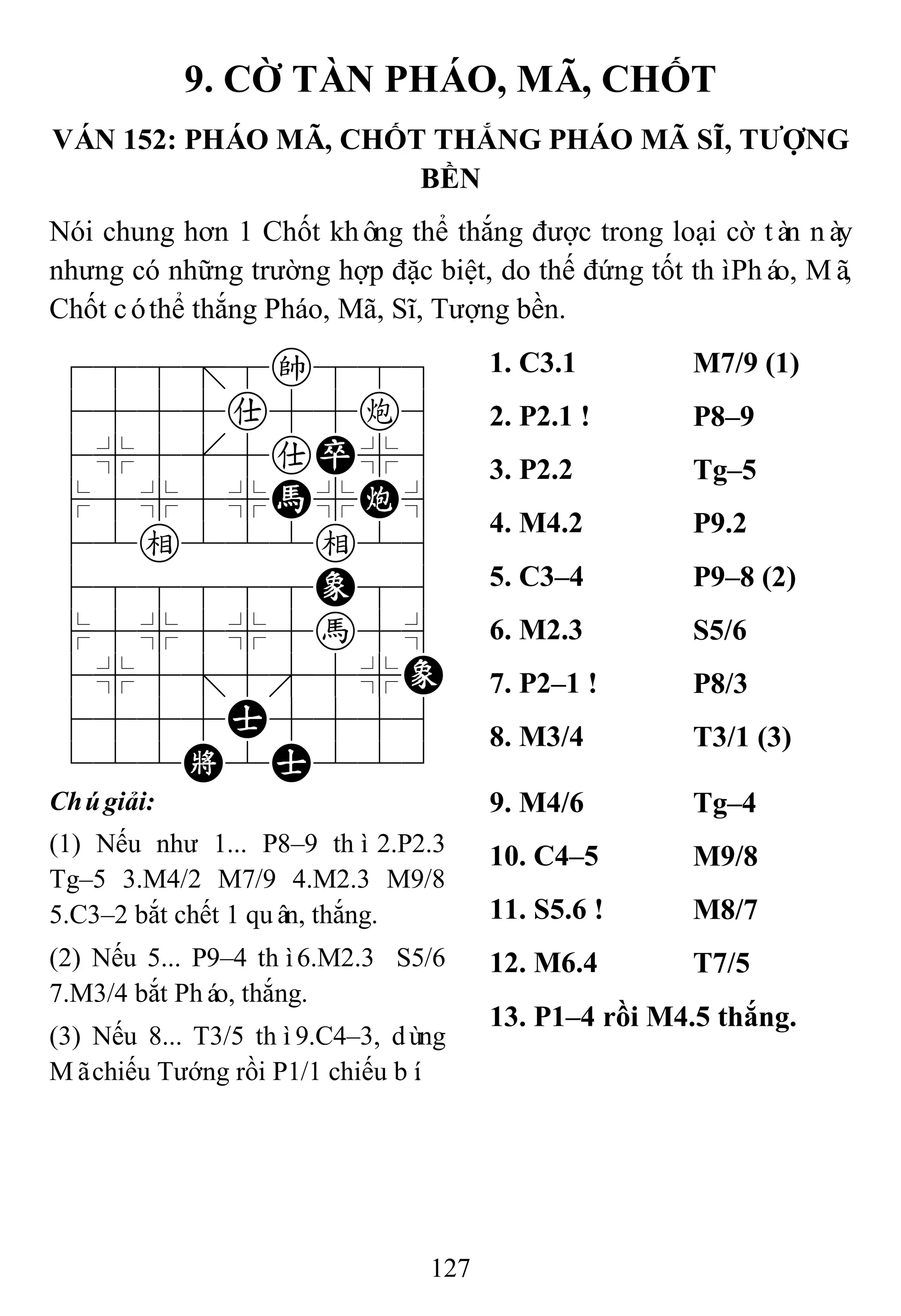 127
9. CỜ TÀN PHÁO, MÃ, CHỐT
VÁN 152: PHÁO MÃ, CHỐT THẮNG PHÁO MÃ SĨ, TƢỢNG
BỀN
Nói chung hơn 1 Chốt không thể thắng được trong loại cờ tàn này
nhưng có những trường hợp đặc biệt, do thế đứng tốt thìPháo, Mã,
Chốt cóthể thắng Pháo, Mã, Sĩ, Tượng bền.
788=8k889
4555a55c6
4%5[5aP%6
$5%5%H%C^
42e222e26
488888E86
$5%5%5h5^
4%5;5'5%E
4555A5556
122K2A223
1. C3.1 M7/9 (1)
2. P2.1 ! P8–9
3. P2.2 Tg–5
4. M4.2 P9.2
5. C3–4 P9–8 (2)
6. M2.3 S5/6
7. P2–1 ! P8/3
8. M3/4 T3/1 (3)
Chúgiải:
(1) Nếu như 1... P8–9 thì2.P2.3
Tg–5 3.M4/2 M7/9 4.M2.3 M9/8
5.C3–2 bắt chết 1 quân, thắng.
(2) Nếu 5... P9–4 thì6.M2.3 S5/6
7.M3/4 bắt Pháo, thắng.
(3) Nếu 8... T3/5 thì9.C4–3, dùng
Mãchiếu Tướng rồi P1/1 chiếu bí.
9. M4/6 Tg–4
10. C4–5 M9/8
11. S5.6 ! M8/7
12. M6.4 T7/5
13. P1–4 rồi M4.5 thắng.
 