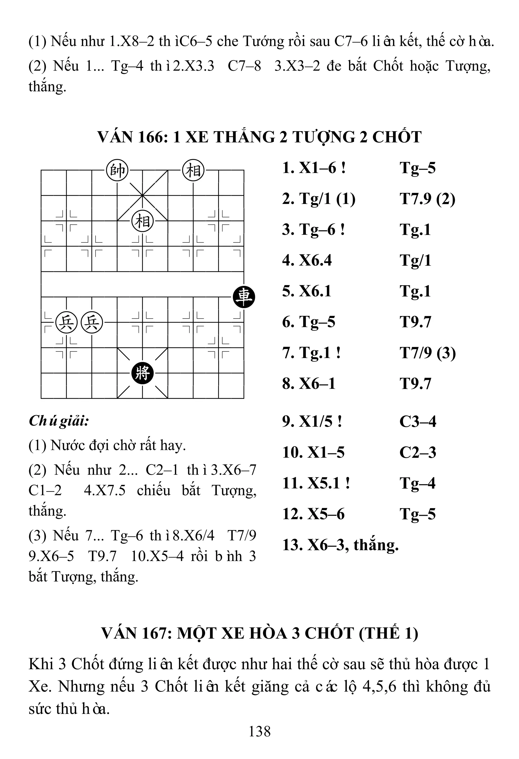 138
(1) Nếu như 1.X8–2 thìC6–5 che Tướng rồi sau C7–6 liên kết, thế cờ hòa.
(2) Nếu 1... Tg–4 thì2.X3.3 C7–8 3.X3–2 đe bắt Chốt hoặc Tượng,
thắng.
VÁN 166: 1 XE THẮNG 2 TƢỢNG 2 CHỐT
788k8e89
4555,5556
4%5[e]5%6
$5%5%5%5^
422222226
48888888R
$pp5%5%5^
4%5;5'5%6
4555K5556
122.2/223
1. X1–6 ! Tg–5
2. Tg/1 (1) T7.9 (2)
3. Tg–6 ! Tg.1
4. X6.4 Tg/1
5. X6.1 Tg.1
6. Tg–5 T9.7
7. Tg.1 ! T7/9 (3)
8. X6–1 T9.7
Chúgiải:
(1) Nước đợi chờ rất hay.
(2) Nếu như 2... C2–1 thì3.X6–7
C1–2 4.X7.5 chiếu bắt Tượng,
thắng.
(3) Nếu 7... Tg–6 thì8.X6/4 T7/9
9.X6–5 T9.7 10.X5–4 rồi bình 3
bắt Tượng, thắng.
9. X1/5 ! C3–4
10. X1–5 C2–3
11. X5.1 ! Tg–4
12. X5–6 Tg–5
13. X6–3, thắng.
VÁN 167: MỘT XE HÒA 3 CHỐT (THẾ 1)
Khi 3 Chốt đứng liên kết được như hai thế cờ sau sẽ thủ hòa được 1
Xe. Nhưng nếu 3 Chốt liên kết giăng cả các lộ 4,5,6 thì không đủ
sức thủ hòa.
 