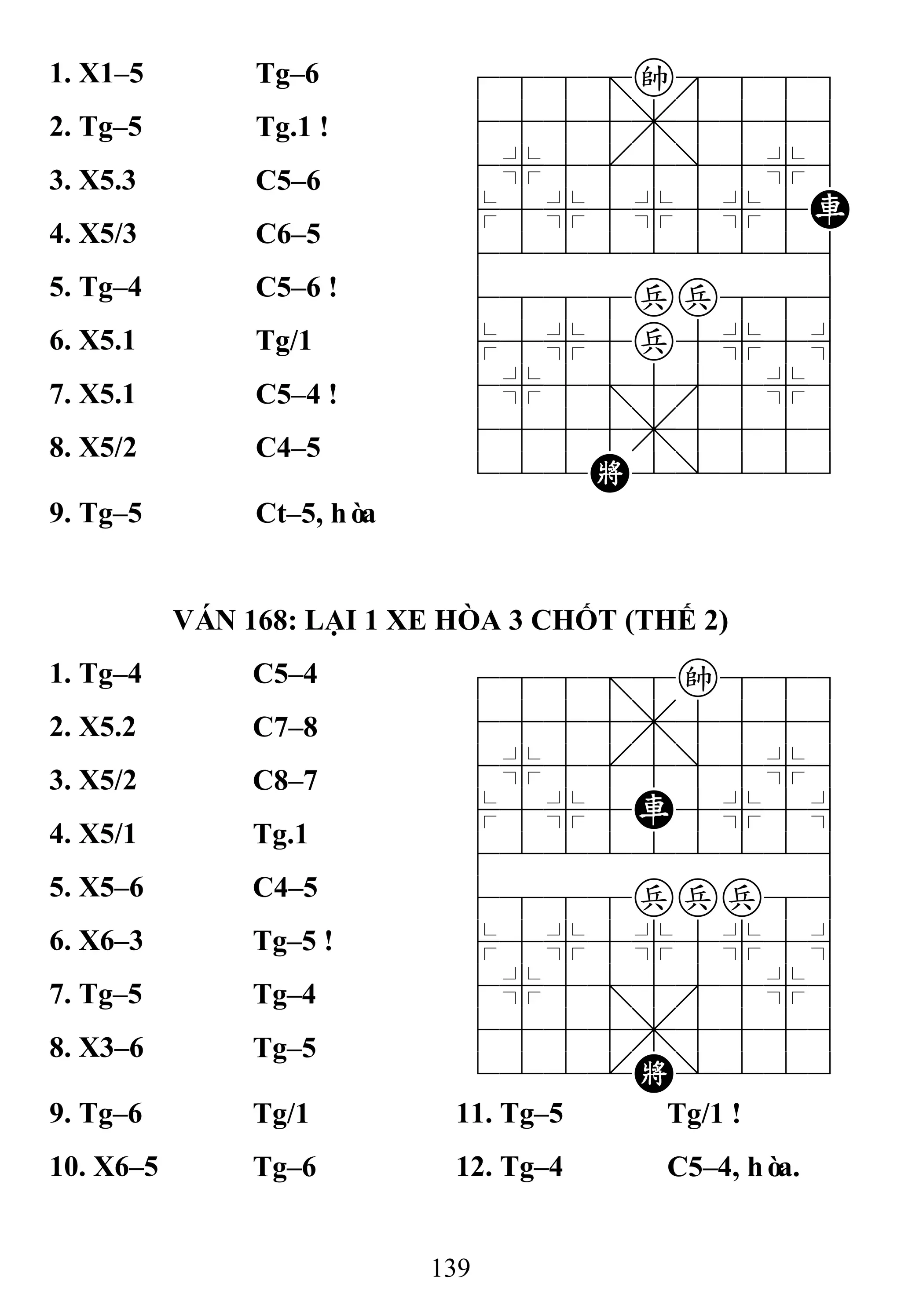 139
1. X1–5 Tg–6 788=k889
4555,5556
4%5[5]5%6
$5%5%5%5R
422222226
4888pp886
$5%5p5%5^
4%5;5'5%6
4555,5556
122K2/223
2. Tg–5 Tg.1 !
3. X5.3 C5–6
4. X5/3 C6–5
5. Tg–4 C5–6 !
6. X5.1 Tg/1
7. X5.1 C5–4 !
8. X5/2 C4–5
9. Tg–5 Ct–5, hòa
VÁN 168: LẠI 1 XE HÒA 3 CHỐT (THẾ 2)
1. Tg–4 C5–4 788=8k889
4555,5556
4%5[5]5%6
$5%5R5%5^
422222226
4888ppp86
$5%5%5%5^
4%5;5'5%6
4555,5556
122.K/223
2. X5.2 C7–8
3. X5/2 C8–7
4. X5/1 Tg.1
5. X5–6 C4–5
6. X6–3 Tg–5 !
7. Tg–5 Tg–4
8. X3–6 Tg–5
9. Tg–6 Tg/1 11. Tg–5 Tg/1 !
10. X6–5 Tg–6 12. Tg–4 C5–4, hòa.
 