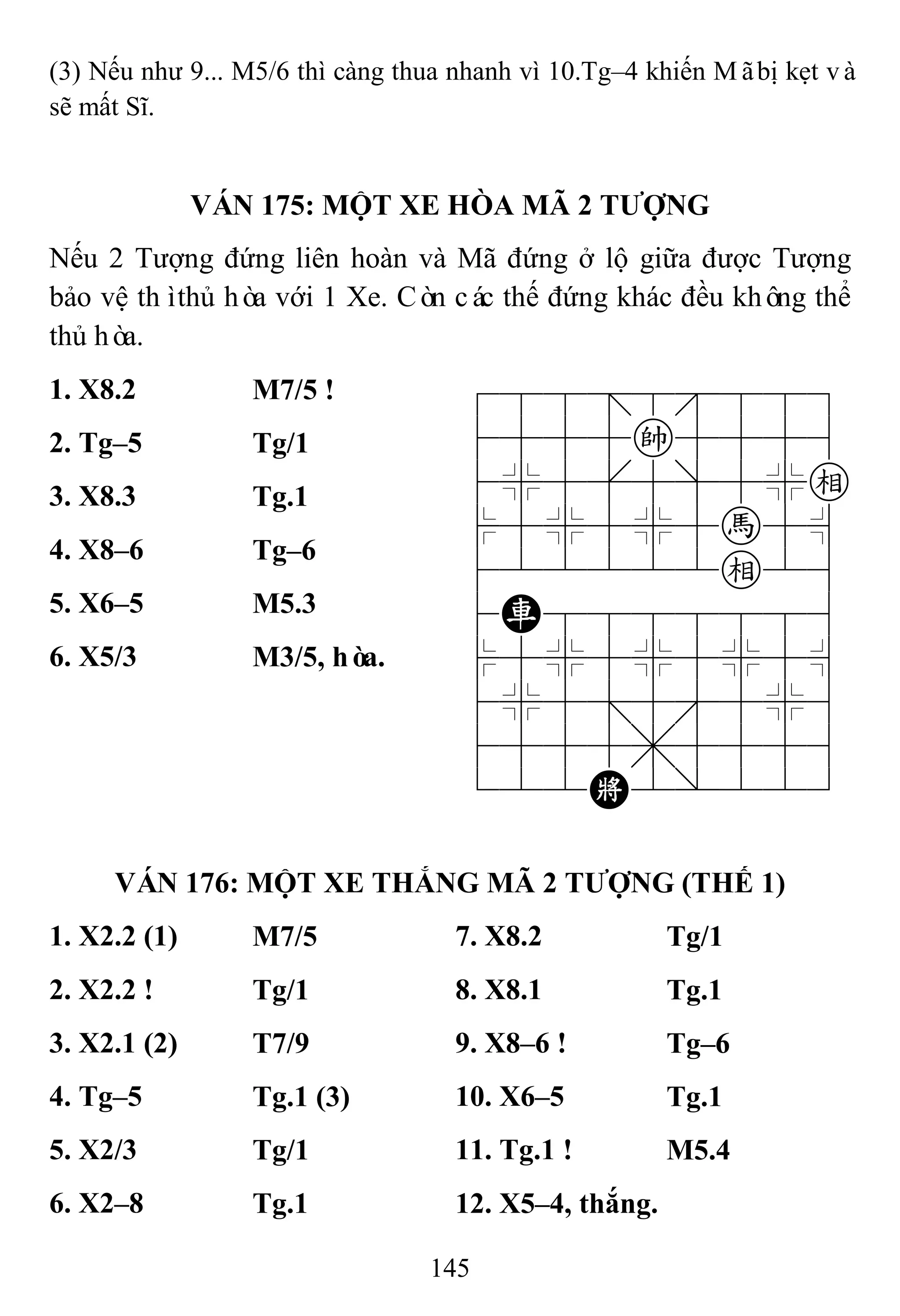 145
(3) Nếu như 9... M5/6 thì càng thua nhanh vì 10.Tg–4 khiến Mãbị kẹt và
sẽ mất Sĩ.
VÁN 175: MỘT XE HÒA MÃ 2 TƢỢNG
Nếu 2 Tượng đứng liên hoàn và Mã đứng ở lộ giữa được Tượng
bảo vệ thìthủ hòa với 1 Xe. Còn các thế đứng khác đều không thể
thủ hòa.
1. X8.2 M7/5 ! 788=8889
4555k5556
4%5[5]5%e
$5%5%5h5^
422222e26
4R8888886
$5%5%5%5^
4%5;5'5%6
4555,5556
122K2/223
2. Tg–5 Tg/1
3. X8.3 Tg.1
4. X8–6 Tg–6
5. X6–5 M5.3
6. X5/3 M3/5, hòa.
VÁN 176: MỘT XE THẮNG MÃ 2 TƢỢNG (THẾ 1)
1. X2.2 (1) M7/5 7. X8.2 Tg/1
2. X2.2 ! Tg/1 8. X8.1 Tg.1
3. X2.1 (2) T7/9 9. X8–6 ! Tg–6
4. Tg–5 Tg.1 (3) 10. X6–5 Tg.1
5. X2/3 Tg/1 11. Tg.1 ! M5.4
6. X2–8 Tg.1 12. X5–4, thắng.
 