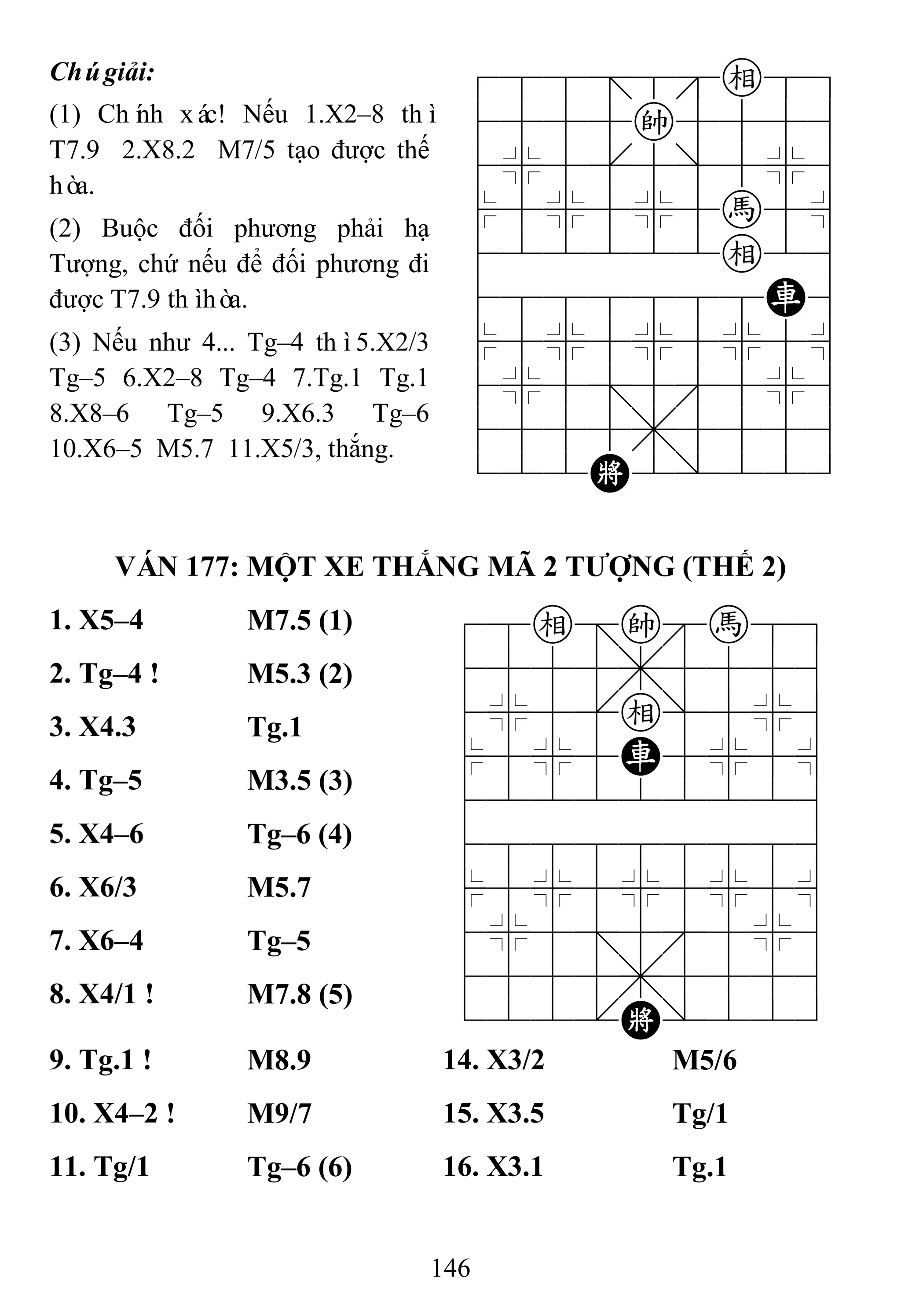 146
Chúgiải:
(1) Chính xác! Nếu 1.X2–8 thì
T7.9 2.X8.2 M7/5 tạo được thế
hòa.
(2) Buộc đối phương phải hạ
Tượng, chứ nếu để đối phương đi
được T7.9 thìhòa.
(3) Nếu như 4... Tg–4 thì5.X2/3
Tg–5 6.X2–8 Tg–4 7.Tg.1 Tg.1
8.X8–6 Tg–5 9.X6.3 Tg–6
10.X6–5 M5.7 11.X5/3, thắng.
788=8e89
4555k5556
4%5[5]5%6
$5%5%5h5^
422222e26
4888888R6
$5%5%5%5^
4%5;5'5%6
4555,5556
122K2/223
VÁN 177: MỘT XE THẮNG MÃ 2 TƢỢNG (THẾ 2)
1. X5–4 M7.5 (1) 78e=kh89
4555,5556
4%5[e]5%6
$5%5R5%5^
422222226
488888886
$5%5%5%5^
4%5;5'5%6
4555,5556
122.K/223
2. Tg–4 ! M5.3 (2)
3. X4.3 Tg.1
4. Tg–5 M3.5 (3)
5. X4–6 Tg–6 (4)
6. X6/3 M5.7
7. X6–4 Tg–5
8. X4/1 ! M7.8 (5)
9. Tg.1 ! M8.9 14. X3/2 M5/6
10. X4–2 ! M9/7 15. X3.5 Tg/1
11. Tg/1 Tg–6 (6) 16. X3.1 Tg.1
 
