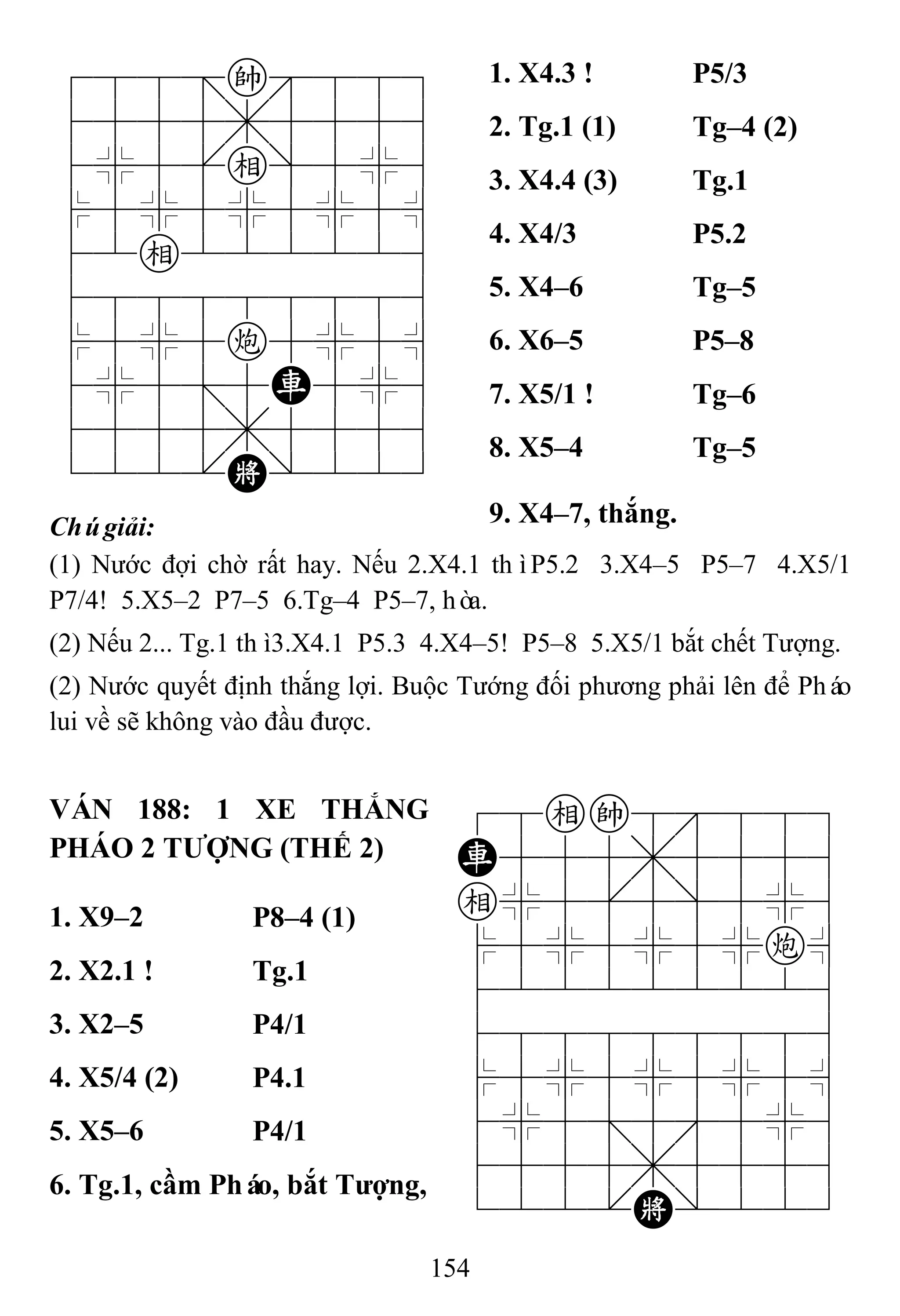 154
788=k889
4555,5556
4%5[e]5%6
$5%5%5%5^
42e222226
488888886
$5%5c5%5^
4%5;5R5%6
4555,5556
122.K/223
1. X4.3 ! P5/3
2. Tg.1 (1) Tg–4 (2)
3. X4.4 (3) Tg.1
4. X4/3 P5.2
5. X4–6 Tg–5
6. X6–5 P5–8
7. X5/1 ! Tg–6
8. X5–4 Tg–5
Chúgiải: 9. X4–7, thắng.
(1) Nước đợi chờ rất hay. Nếu 2.X4.1 thìP5.2 3.X4–5 P5–7 4.X5/1
P7/4! 5.X5–2 P7–5 6.Tg–4 P5–7, hòa.
(2) Nếu 2... Tg.1 thì3.X4.1 P5.3 4.X4–5! P5–8 5.X5/1 bắt chết Tượng.
(2) Nước quyết định thắng lợi. Buộc Tướng đối phương phải lên để Pháo
lui về sẽ không vào đầu được.
VÁN 188: 1 XE THẮNG
PHÁO 2 TƢỢNG (THẾ 2)
78ek8889
R555,5556
e%5[5]5%6
$5%5%5%c^
422222226
488888886
$5%5%5%5^
4%5;5'5%6
4555,5556
122.K/223
1. X9–2 P8–4 (1)
2. X2.1 ! Tg.1
3. X2–5 P4/1
4. X5/4 (2) P4.1
5. X5–6 P4/1
6. Tg.1, cầm Pháo, bắt Tƣợng,
 