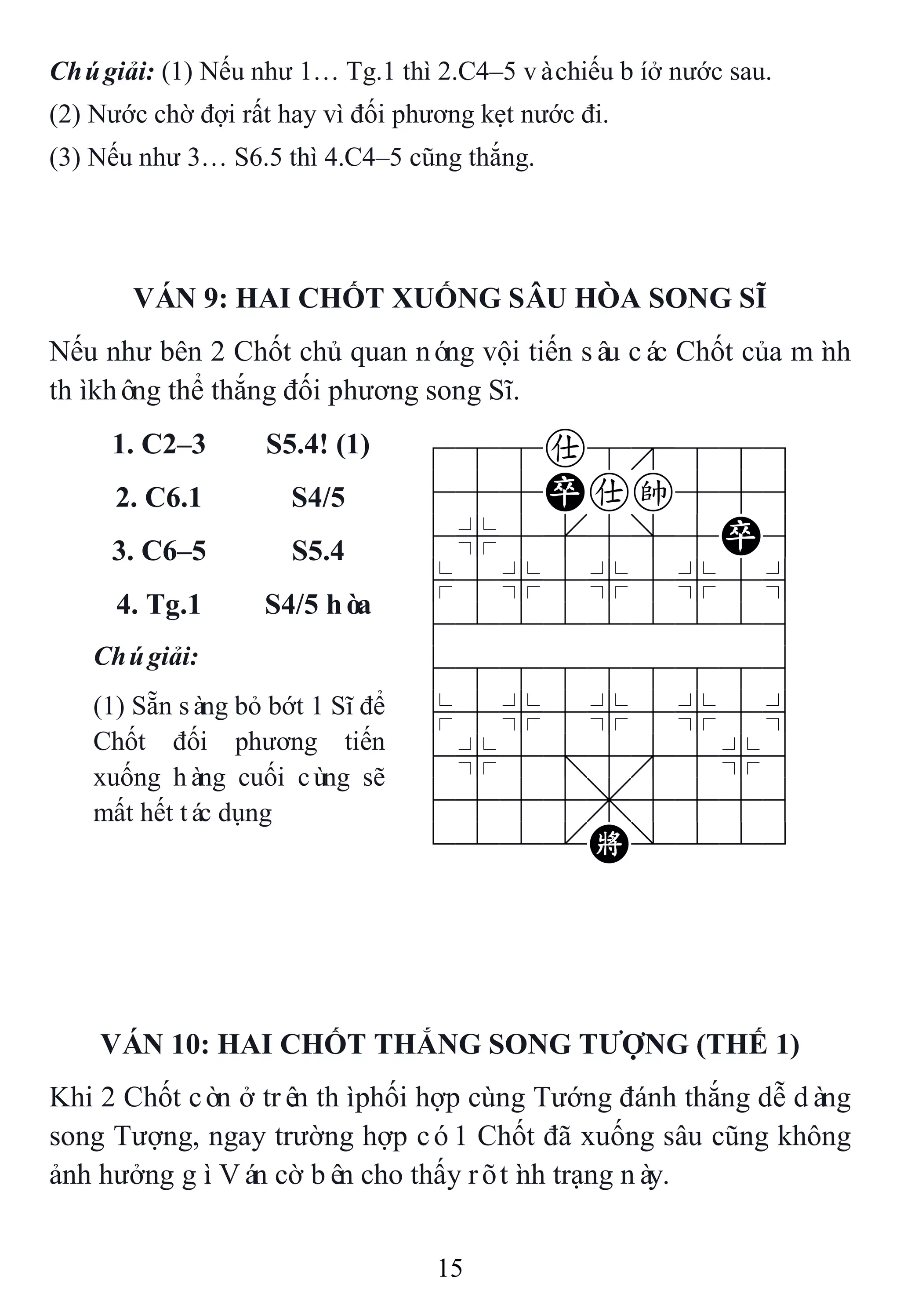 15
Chúgiải: (1) Nếu như 1… Tg.1 thì 2.C4–5 vàchiếu bíở nước sau.
(2) Nước chờ đợi rất hay vì đối phương kẹt nước đi.
(3) Nếu như 3… S6.5 thì 4.C4–5 cũng thắng.
VÁN 9: HAI CHỐT XUỐNG SÂU HÒA SONG SĨ
Nếu như bên 2 Chốt chủ quan nóng vội tiến sâu các Chốt của mình
thìkhông thể thắng đối phương song Sĩ.
1. C2–3 S5.4! (1) 788a8889
455Pak556
4%5[5]5P6
$5%5%5%5^
422222226
488888886
$5%5%5%5^
4%5;5'5%6
4555,5556
122.K/223
2. C6.1 S4/5
3. C6–5 S5.4
4. Tg.1 S4/5 hòa
Chúgiải:
(1) Sẵn sàng bỏ bớt 1 Sĩ để
Chốt đối phương tiến
xuống hàng cuối cùng sẽ
mất hết tác dụng
VÁN 10: HAI CHỐT THẮNG SONG TƢỢNG (THẾ 1)
Khi 2 Chốt còn ở trên thìphối hợp cùng Tướng đánh thắng dễ dàng
song Tượng, ngay trường hợp có1 Chốt đã xuống sâu cũng không
ảnh hưởng gì. Ván cờ bên cho thấy rõtình trạng này.
 
