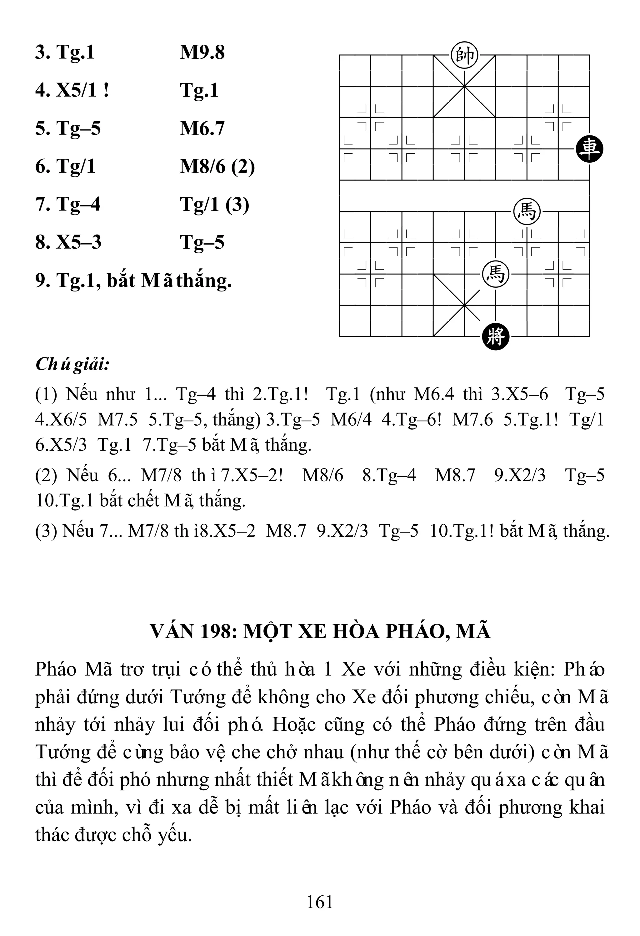 161
3. Tg.1 M9.8 788=k889
4555,5556
4%5[5]5%6
$5%5%5%5R
422222226
488888h86
$5%5%5%5^
4%5;5h5%6
4555,5556
122.2K223
4. X5/1 ! Tg.1
5. Tg–5 M6.7
6. Tg/1 M8/6 (2)
7. Tg–4 Tg/1 (3)
8. X5–3 Tg–5
9. Tg.1, bắt Mãthắng.
Chúgiải:
(1) Nếu như 1... Tg–4 thì 2.Tg.1! Tg.1 (như M6.4 thì 3.X5–6 Tg–5
4.X6/5 M7.5 5.Tg–5, thắng) 3.Tg–5 M6/4 4.Tg–6! M7.6 5.Tg.1! Tg/1
6.X5/3 Tg.1 7.Tg–5 bắt Mã, thắng.
(2) Nếu 6... M7/8 thì7.X5–2! M8/6 8.Tg–4 M8.7 9.X2/3 Tg–5
10.Tg.1 bắt chết Mã, thắng.
(3) Nếu 7... M7/8 thì8.X5–2 M8.7 9.X2/3 Tg–5 10.Tg.1! bắt Mã, thắng.
VÁN 198: MỘT XE HÒA PHÁO, MÃ
Pháo Mã trơ trụi cóthể thủ hòa 1 Xe với những điều kiện: Pháo
phải đứng dưới Tướng để không cho Xe đối phương chiếu, còn Mã
nhảy tới nhảy lui đối phó. Hoặc cũng có thể Pháo đứng trên đầu
Tướng để cùng bảo vệ che chở nhau (như thế cờ bên dưới) còn Mã
thì để đối phó nhưng nhất thiết Mãkhông nên nhảy quáxa các quân
của mình, vì đi xa dễ bị mất liên lạc với Pháo và đối phương khai
thác được chỗ yếu.
 
