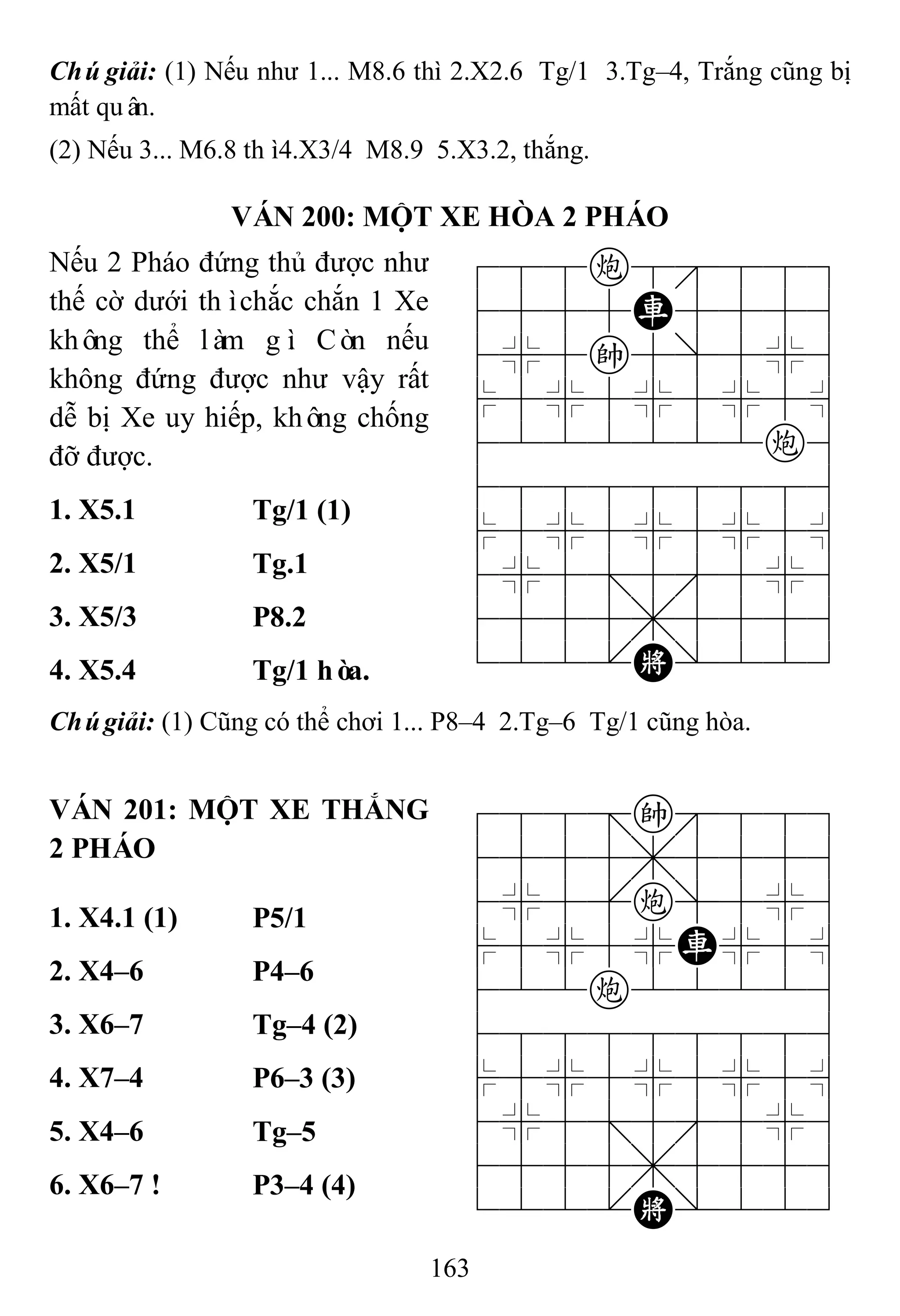 163
Chúgiải: (1) Nếu như 1... M8.6 thì 2.X2.6 Tg/1 3.Tg–4, Trắng cũng bị
mất quân.
(2) Nếu 3... M6.8 thì4.X3/4 M8.9 5.X3.2, thắng.
VÁN 200: MỘT XE HÒA 2 PHÁO
Nếu 2 Pháo đứng thủ được như
thế cờ dưới thìchắc chắn 1 Xe
không thể làm gì. Còn nếu
không đứng được như vậy rất
dễ bị Xe uy hiếp, không chống
đỡ được.
788c8889
4555R5556
4%5k5]5%6
$5%5%5%5^
4222222c6
488888886
$5%5%5%5^
4%5;5'5%6
4555,5556
122.K/223
1. X5.1 Tg/1 (1)
2. X5/1 Tg.1
3. X5/3 P8.2
4. X5.4 Tg/1 hòa.
Chúgiải: (1) Cũng có thể chơi 1... P8–4 2.Tg–6 Tg/1 cũng hòa.
VÁN 201: MỘT XE THẮNG
2 PHÁO
788=k889
4555,5556
4%5[c]5%6
$5%5%R%5^
422c22226
488888886
$5%5%5%5^
4%5;5'5%6
4555,5556
122.K/223
1. X4.1 (1) P5/1
2. X4–6 P4–6
3. X6–7 Tg–4 (2)
4. X7–4 P6–3 (3)
5. X4–6 Tg–5
6. X6–7 ! P3–4 (4)
 