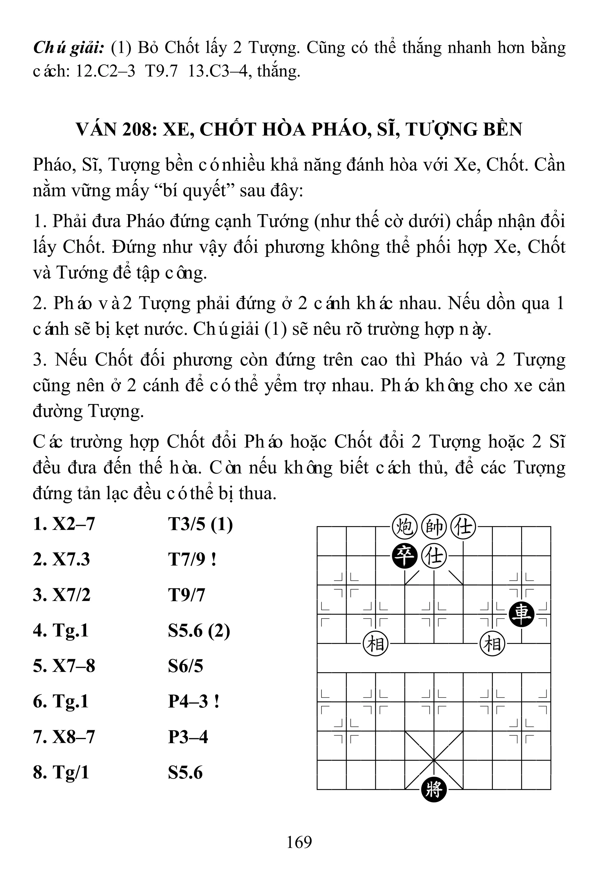 169
Chúgiải: (1) Bỏ Chốt lấy 2 Tượng. Cũng có thể thắng nhanh hơn bằng
cách: 12.C2–3 T9.7 13.C3–4, thắng.
VÁN 208: XE, CHỐT HÒA PHÁO, SĨ, TƢỢNG BỀN
Pháo, Sĩ, Tượng bền cónhiều khả năng đánh hòa với Xe, Chốt. Cần
nằm vững mấy “bí quyết” sau đây:
1. Phải đưa Pháo đứng cạnh Tướng (như thế cờ dưới) chấp nhận đổi
lấy Chốt. Đứng như vậy đối phương không thể phối hợp Xe, Chốt
và Tướng để tập công.
2. Pháo và2 Tượng phải đứng ở 2 cánh khác nhau. Nếu dồn qua 1
cánh sẽ bị kẹt nước. Chúgiải (1) sẽ nêu rõ trường hợp này.
3. Nếu Chốt đối phương còn đứng trên cao thì Pháo và 2 Tượng
cũng nên ở 2 cánh để cóthể yểm trợ nhau. Pháo không cho xe cản
đường Tượng.
Các trường hợp Chốt đổi Pháo hoặc Chốt đổi 2 Tượng hoặc 2 Sĩ
đều đưa đến thế hòa. Còn nếu không biết cách thủ, để các Tượng
đứng tản lạc đều cóthể bị thua.
1. X2–7 T3/5 (1) 788cka889
455Pa5556
4%5[5]5%6
$5%5%5%R^
42e222e26
488888886
$5%5%5%5^
4%5;5'5%6
4555,5556
122.K/223
2. X7.3 T7/9 !
3. X7/2 T9/7
4. Tg.1 S5.6 (2)
5. X7–8 S6/5
6. Tg.1 P4–3 !
7. X8–7 P3–4
8. Tg/1 S5.6
 