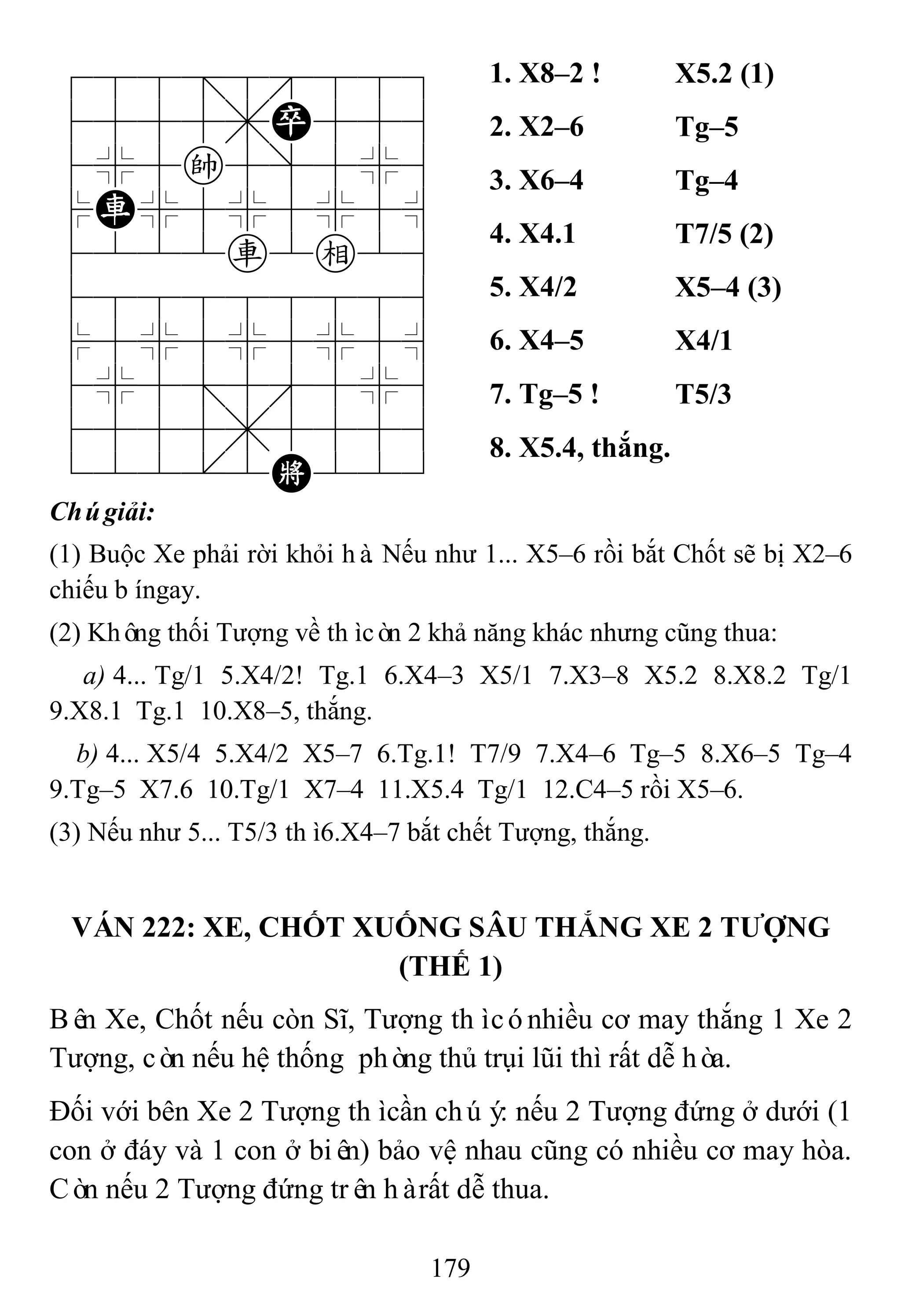 179
788=8889
4555,P556
4%5k5]5%6
$R%5%5%5^
4222r2e26
488888886
$5%5%5%5^
4%5;5'5%6
4555,5556
122.2K223
1. X8–2 ! X5.2 (1)
2. X2–6 Tg–5
3. X6–4 Tg–4
4. X4.1 T7/5 (2)
5. X4/2 X5–4 (3)
6. X4–5 X4/1
7. Tg–5 ! T5/3
8. X5.4, thắng.
Chúgiải:
(1) Buộc Xe phải rời khỏi hà. Nếu như 1... X5–6 rồi bắt Chốt sẽ bị X2–6
chiếu bíngay.
(2) Không thối Tượng về thìcòn 2 khả năng khác nhưng cũng thua:
a) 4... Tg/1 5.X4/2! Tg.1 6.X4–3 X5/1 7.X3–8 X5.2 8.X8.2 Tg/1
9.X8.1 Tg.1 10.X8–5, thắng.
b) 4... X5/4 5.X4/2 X5–7 6.Tg.1! T7/9 7.X4–6 Tg–5 8.X6–5 Tg–4
9.Tg–5 X7.6 10.Tg/1 X7–4 11.X5.4 Tg/1 12.C4–5 rồi X5–6.
(3) Nếu như 5... T5/3 thì6.X4–7 bắt chết Tượng, thắng.
VÁN 222: XE, CHỐT XUỐNG SÂU THẮNG XE 2 TƢỢNG
(THẾ 1)
Bên Xe, Chốt nếu còn Sĩ, Tượng thìcónhiều cơ may thắng 1 Xe 2
Tượng, còn nếu hệ thống phòng thủ trụi lũi thì rất dễ hòa.
Đối với bên Xe 2 Tượng thìcần chúý: nếu 2 Tượng đứng ở dưới (1
con ở đáy và 1 con ở biên) bảo vệ nhau cũng có nhiều cơ may hòa.
Còn nếu 2 Tượng đứng trên hàrất dễ thua.
 