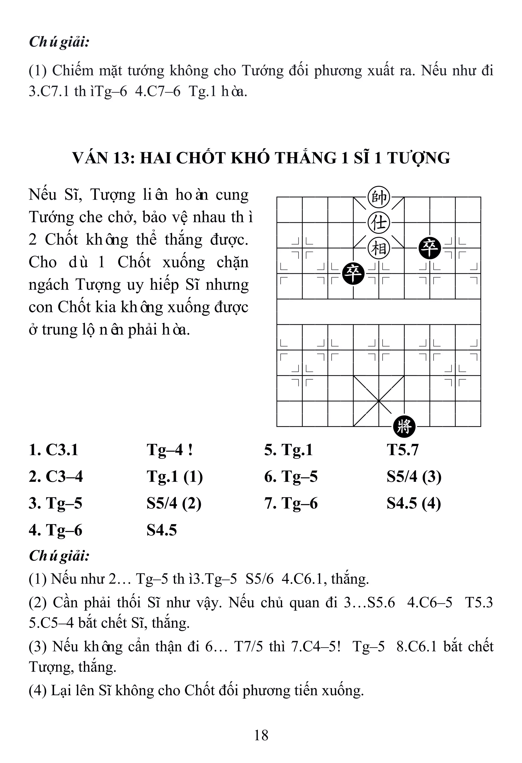 18
Chúgiải:
(1) Chiếm mặt tướng không cho Tướng đối phương xuất ra. Nếu như đi
3.C7.1 thìTg–6 4.C7–6 Tg.1 hòa.
VÁN 13: HAI CHỐT KHÓ THẮNG 1 SĨ 1 TƢỢNG
Nếu Sĩ, Tượng liên hoàn cung
Tướng che chở, bảo vệ nhau thì
2 Chốt không thể thắng được.
Cho dù 1 Chốt xuống chặn
ngách Tượng uy hiếp Sĩ nhưng
con Chốt kia không xuống được
ở trung lộ nên phải hòa.
788=k889
4555a5556
4%5[e]P%6
$5%P%5%5^
422222226
488888886
$5%5%5%5^
4%5;5'5%6
4555,5556
122.2K223
1. C3.1 Tg–4 ! 5. Tg.1 T5.7
2. C3–4 Tg.1 (1) 6. Tg–5 S5/4 (3)
3. Tg–5 S5/4 (2) 7. Tg–6 S4.5 (4)
4. Tg–6 S4.5
Chúgiải:
(1) Nếu như 2… Tg–5 thì3.Tg–5 S5/6 4.C6.1, thắng.
(2) Cần phải thối Sĩ như vậy. Nếu chủ quan đi 3…S5.6 4.C6–5 T5.3
5.C5–4 bắt chết Sĩ, thắng.
(3) Nếu không cẩn thận đi 6… T7/5 thì 7.C4–5! Tg–5 8.C6.1 bắt chết
Tượng, thắng.
(4) Lại lên Sĩ không cho Chốt đối phương tiến xuống.
 