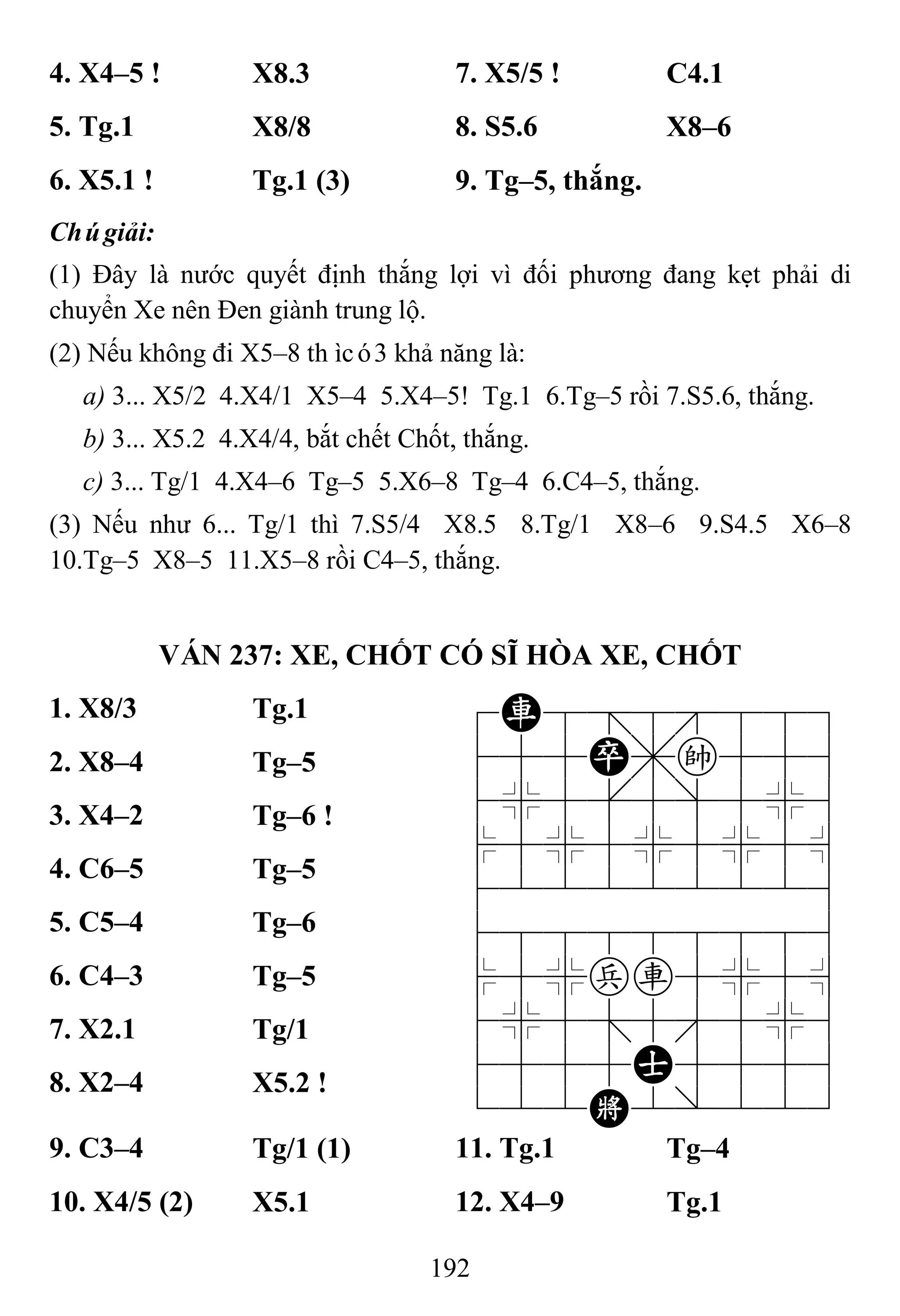 192
4. X4–5 ! X8.3 7. X5/5 ! C4.1
5. Tg.1 X8/8 8. S5.6 X8–6
6. X5.1 ! Tg.1 (3) 9. Tg–5, thắng.
Chúgiải:
(1) Đây là nước quyết định thắng lợi vì đối phương đang kẹt phải di
chuyển Xe nên Đen giành trung lộ.
(2) Nếu không đi X5–8 thìcó3 khả năng là:
a) 3... X5/2 4.X4/1 X5–4 5.X4–5! Tg.1 6.Tg–5 rồi 7.S5.6, thắng.
b) 3... X5.2 4.X4/4, bắt chết Chốt, thắng.
c) 3... Tg/1 4.X4–6 Tg–5 5.X6–8 Tg–4 6.C4–5, thắng.
(3) Nếu như 6... Tg/1 thì 7.S5/4 X8.5 8.Tg/1 X8–6 9.S4.5 X6–8
10.Tg–5 X8–5 11.X5–8 rồi C4–5, thắng.
VÁN 237: XE, CHỐT CÓ SĨ HÒA XE, CHỐT
1. X8/3 Tg.1 7R8=8889
455P,k556
4%5[5]5%6
$5%5%5%5^
422222226
488888886
$5%pr5%5^
4%5;5'5%6
4555A5556
122K2/223
2. X8–4 Tg–5
3. X4–2 Tg–6 !
4. C6–5 Tg–5
5. C5–4 Tg–6
6. C4–3 Tg–5
7. X2.1 Tg/1
8. X2–4 X5.2 !
9. C3–4 Tg/1 (1) 11. Tg.1 Tg–4
10. X4/5 (2) X5.1 12. X4–9 Tg.1
 