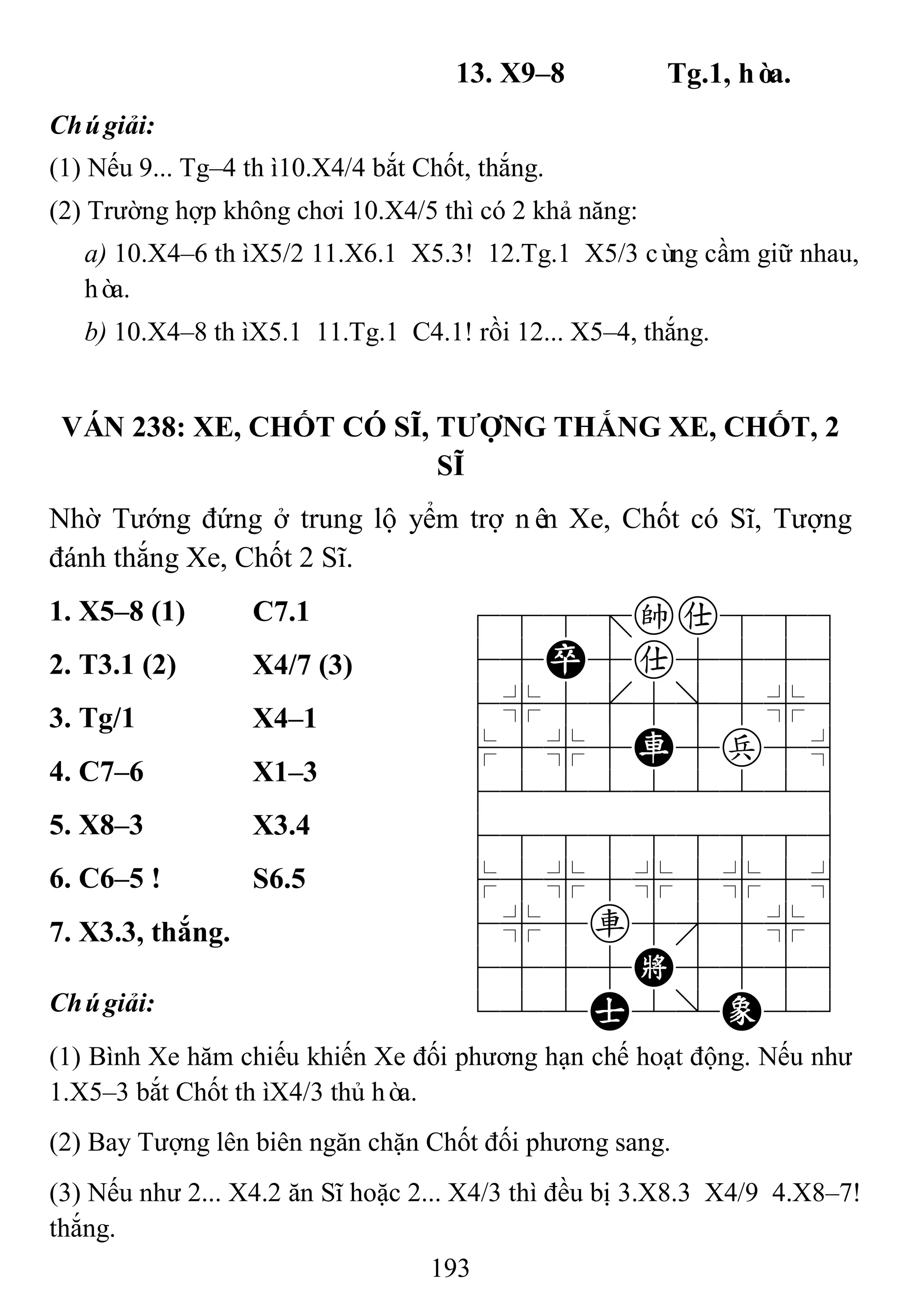 193
13. X9–8 Tg.1, hòa.
Chúgiải:
(1) Nếu 9... Tg–4 thì10.X4/4 bắt Chốt, thắng.
(2) Trường hợp không chơi 10.X4/5 thì có 2 khả năng:
a) 10.X4–6 thìX5/2 11.X6.1 X5.3! 12.Tg.1 X5/3 cùng cầm giữ nhau,
hòa.
b) 10.X4–8 thìX5.1 11.Tg.1 C4.1! rồi 12... X5–4, thắng.
VÁN 238: XE, CHỐT CÓ SĨ, TƢỢNG THẮNG XE, CHỐT, 2
SĨ
Nhờ Tướng đứng ở trung lộ yểm trợ nên Xe, Chốt có Sĩ, Tượng
đánh thắng Xe, Chốt 2 Sĩ.
1. X5–8 (1) C7.1 788=ka889
45P5a5556
4%5[5]5%6
$5%5R5p5^
422222226
488888886
$5%5%5%5^
4%5r5'5%6
4555K5556
122A2/E23
2. T3.1 (2) X4/7 (3)
3. Tg/1 X4–1
4. C7–6 X1–3
5. X8–3 X3.4
6. C6–5 ! S6.5
7. X3.3, thắng.
Chúgiải:
(1) Bình Xe hăm chiếu khiến Xe đối phương hạn chế hoạt động. Nếu như
1.X5–3 bắt Chốt thìX4/3 thủ hòa.
(2) Bay Tượng lên biên ngăn chặn Chốt đối phương sang.
(3) Nếu như 2... X4.2 ăn Sĩ hoặc 2... X4/3 thì đều bị 3.X8.3 X4/9 4.X8–7!
thắng.
 