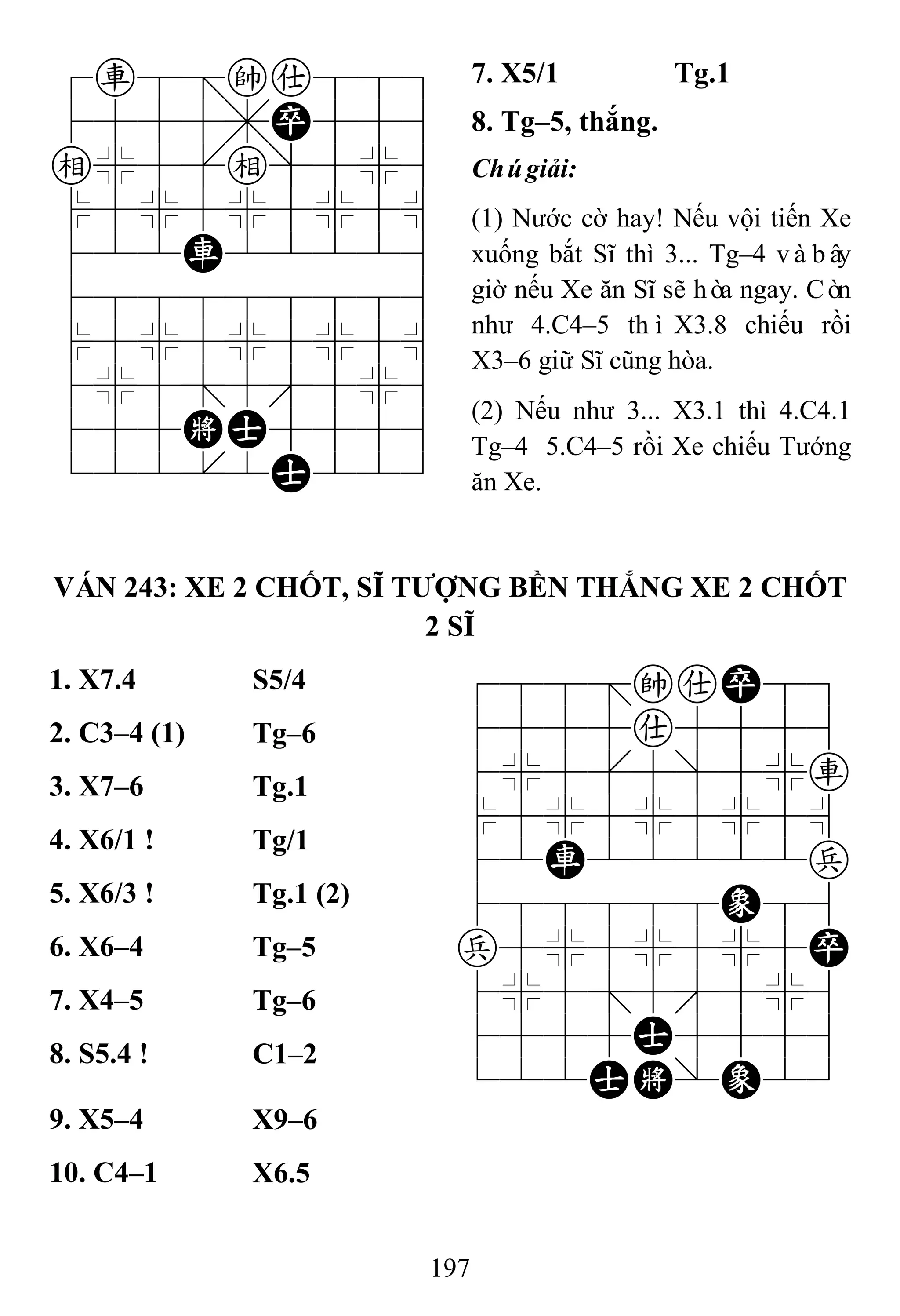 197
7r8=ka889
4555,P556
e%5[e]5%6
$5%5%5%5^
422R22226
488888886
$5%5%5%5^
4%5;5'5%6
455KA5556
122.2A223
7. X5/1 Tg.1
8. Tg–5, thắng.
Chúgiải:
(1) Nước cờ hay! Nếu vội tiến Xe
xuống bắt Sĩ thì 3... Tg–4 vàbây
giờ nếu Xe ăn Sĩ sẽ hòa ngay. Còn
như 4.C4–5 thì X3.8 chiếu rồi
X3–6 giữ Sĩ cũng hòa.
(2) Nếu như 3... X3.1 thì 4.C4.1
Tg–4 5.C4–5 rồi Xe chiếu Tướng
ăn Xe.
VÁN 243: XE 2 CHỐT, SĨ TƢỢNG BỀN THẮNG XE 2 CHỐT
2 SĨ
1. X7.4 S5/4 788=kaP89
4555a5556
4%5[5]5%r
$5%5%5%5^
42R22222p
488888E86
p5%5%5%5P
4%5;5'5%6
4555A5556
122AK/E23
2. C3–4 (1) Tg–6
3. X7–6 Tg.1
4. X6/1 ! Tg/1
5. X6/3 ! Tg.1 (2)
6. X6–4 Tg–5
7. X4–5 Tg–6
8. S5.4 ! C1–2
9. X5–4 X9–6
10. C4–1 X6.5
 
